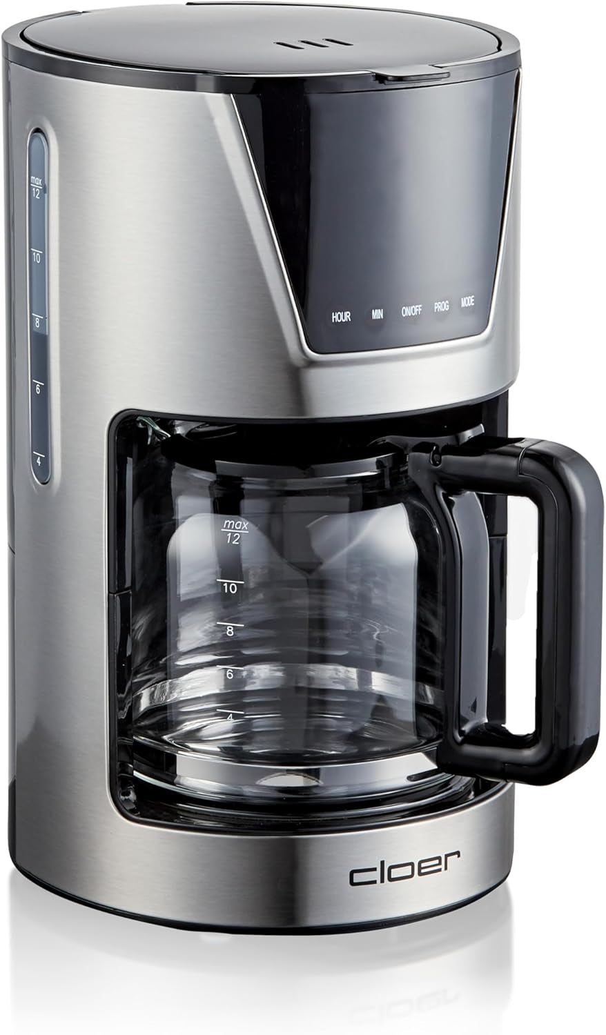 Cloer Cafetera espresso con filtro de 6 tazas, Función suave para mantener caliente, Jarra de vidrio, Cuchara medidora, Indicador de nivel de agua, Sistema antigoteo, Apagado automático, Tamaño del filtro 1x2, 550W, Acero inoxidable
