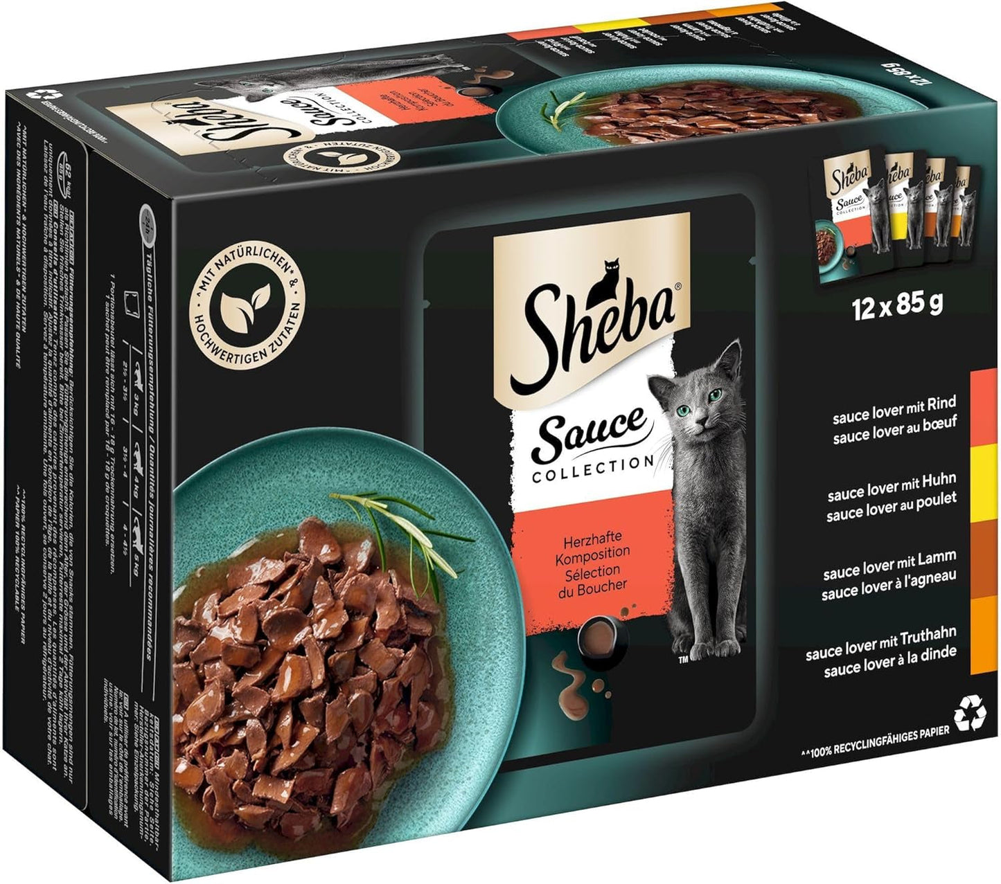Sheba Sauce Collection Comida húmeda para gatos, sobres en porciones, paquete múltiple salado, 4x12x85g