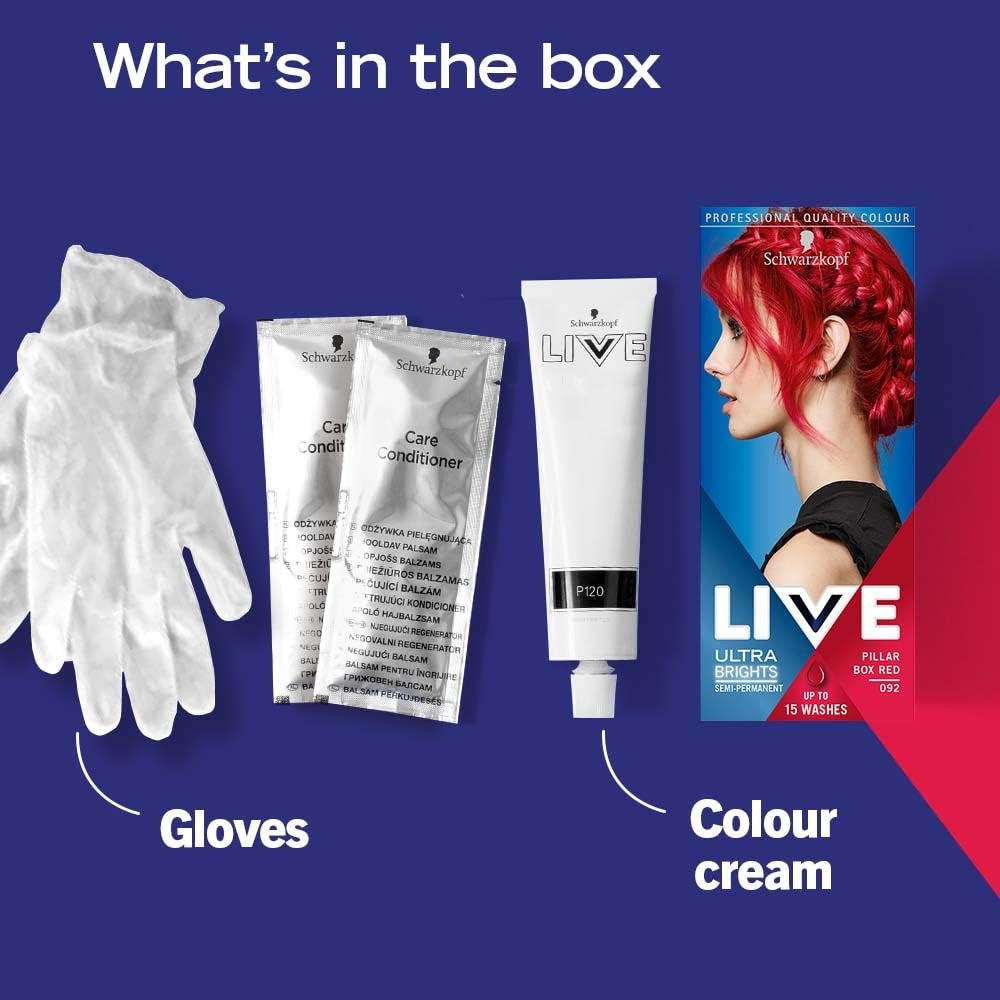 Tinte para el cabello Live Ultra Bright o Rojo Pastel 3 Piezas Color semipermanente Dura hasta 15 lavados - 092 Pillar Box Red Naty Shop Tinte para el cabello
