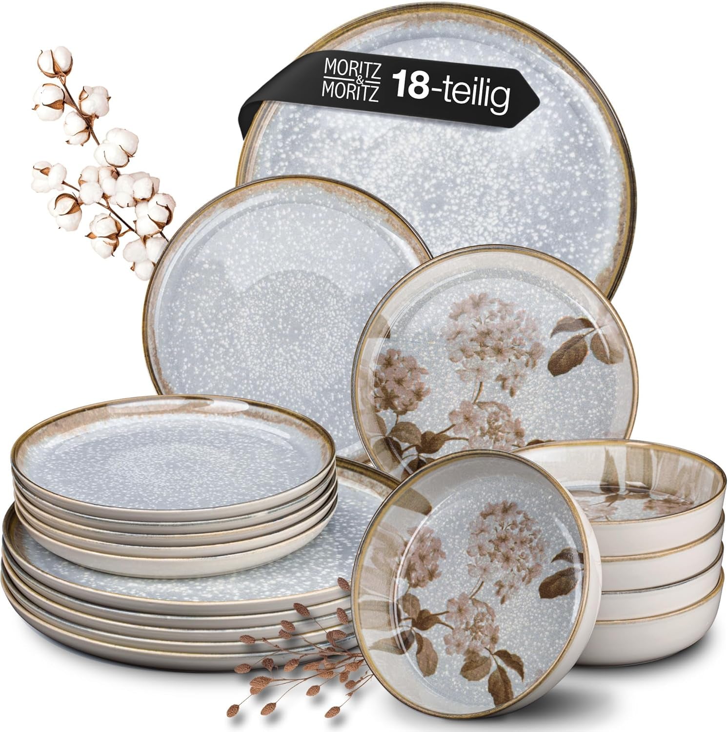Moritz & Moritz Vajilla de porcelana BLOSSOM para 6 personas, 18 piezas - Vajilla moderna con un diseño divertido - Servicio de café de fácil cuidado con platos y cuencos - Servicio combinado