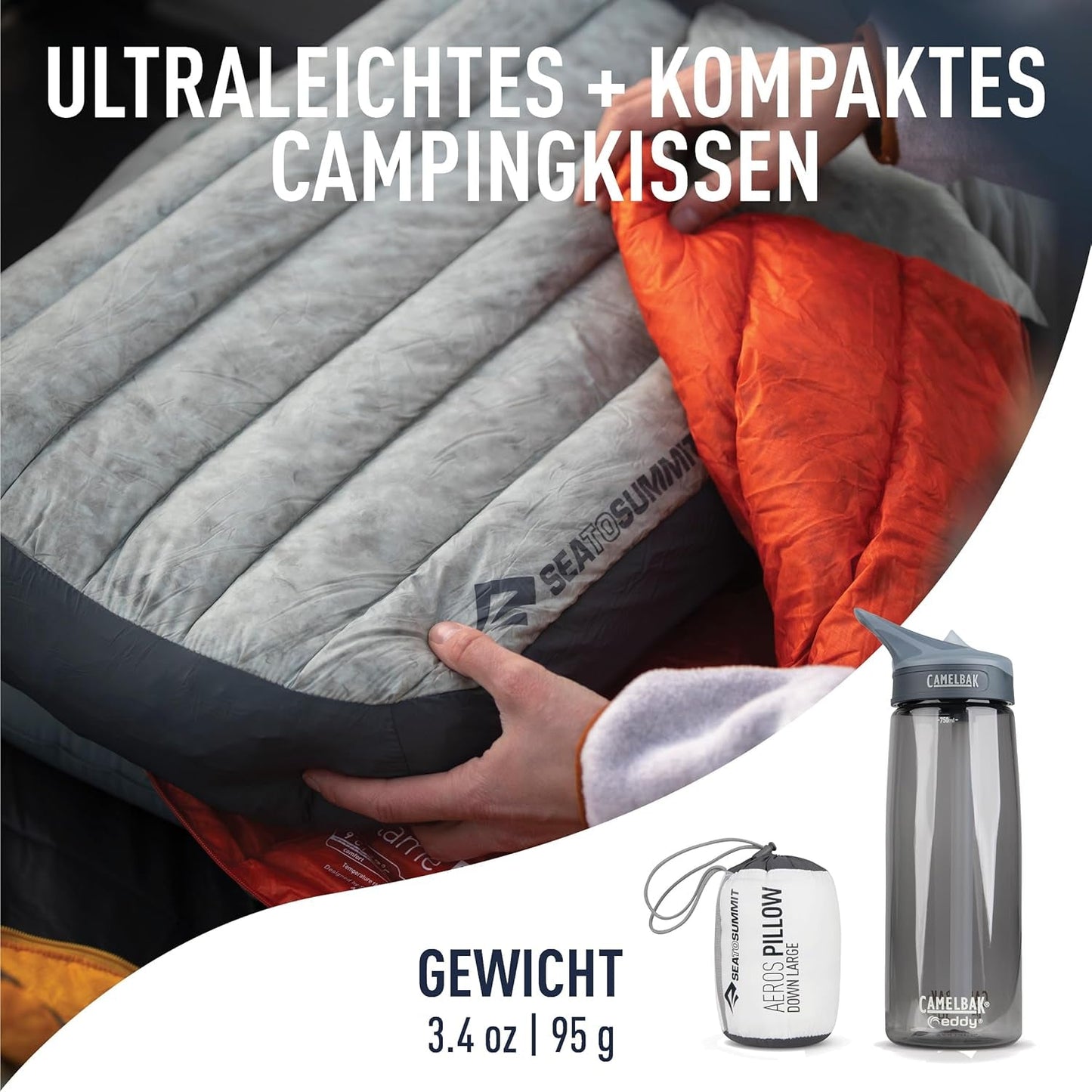Sea to Summit - Almohada de viaje Eros Down L - Ultraligera e hinchable - Material 10D - Almohada de plumón premium - Antideslizante - Para senderismo y acampada - 42 x 28 x 12 cm - Gris - 95 g Naty Shop Almohadas de viaje