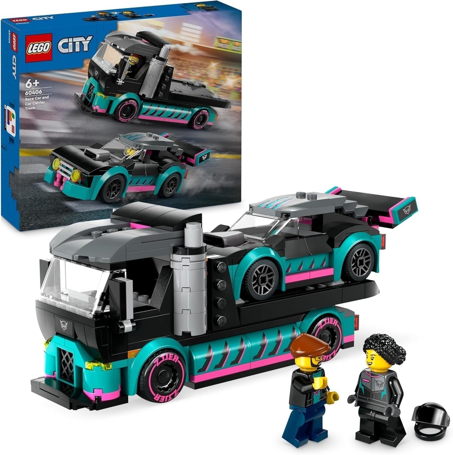 LEGO City Car Transporter con coche de carreras, camión de juguete con rampa de carga ajustable y coche de carreras, juego de construcción con 2 minifiguras, piloto de carreras y conductor de camión, para niños a partir de 6 años 60406 Juegos de construcción Besuche den LEGO-Store Single