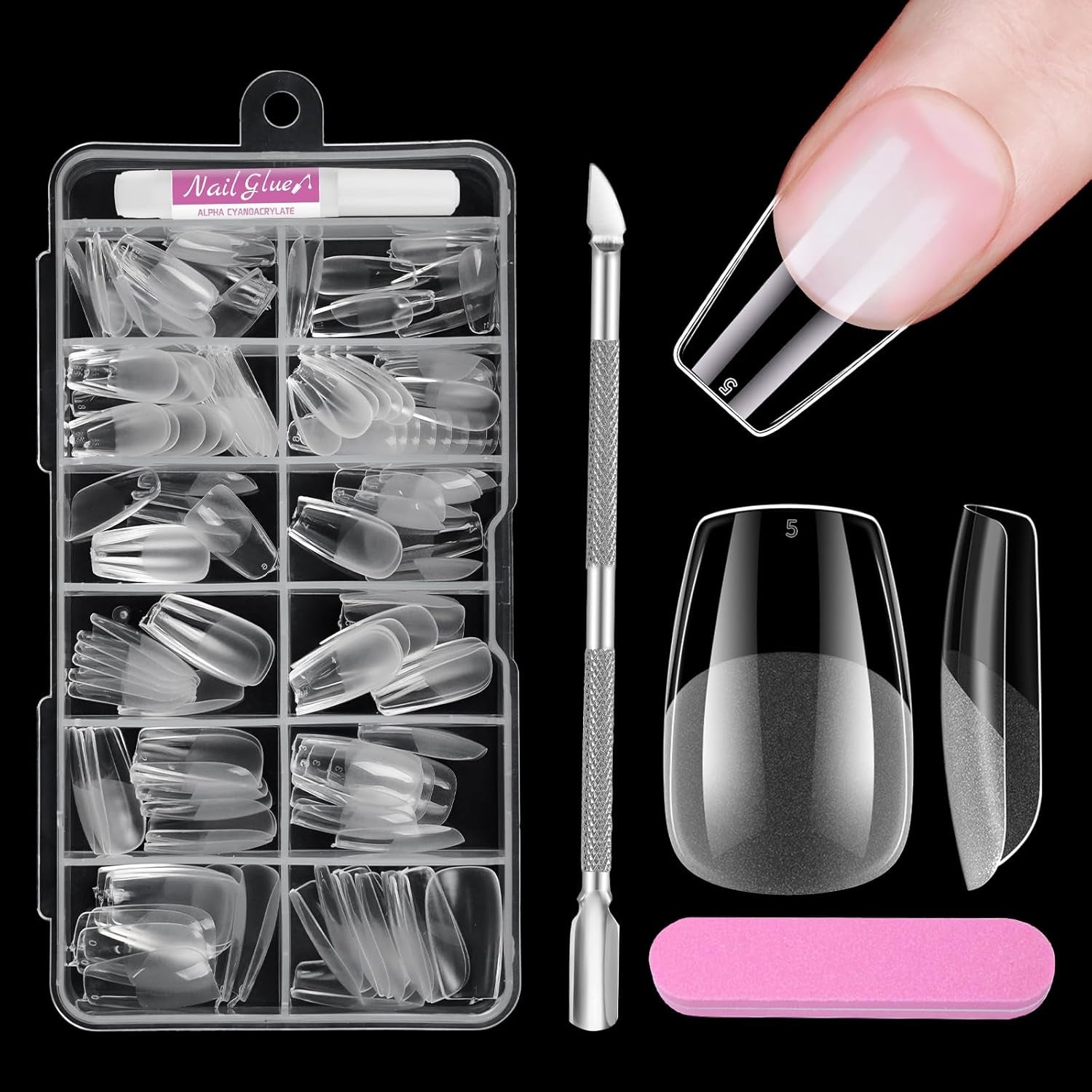 Uñas cortas de cubierta completa, 120 piezas, 12 tamaños, puntas de uñas cortas para uñas de gel, pegamento en uñas artificiales, pegamento en lima de uñas, pulidor de uñas, empujador de cutículas