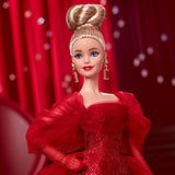 Barbie Signature Doll Figura coleccionable Mattel del 80 aniversario con vestido de tul rojo brillante con aretes de lágrima y guantes delicados Cabello rubio JBJ17