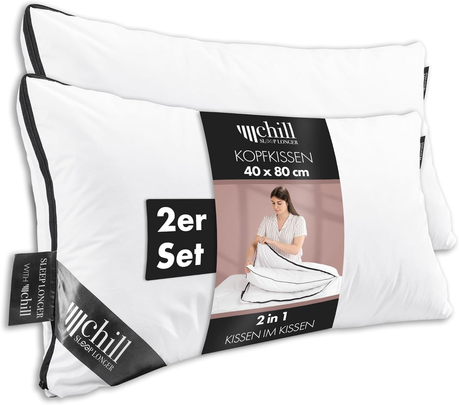 Almohada 80X80 Cm - Diseño 2 en 1 - almohada en almohada - almohada para dormir grande transpirable y lavable y 100% vegana - 2 almohadas 3 opciones - almohada con relleno de 600G y 1200G Naty Shop almohadas estándar Almohada Premium Juego de 2 - 40 X 80 Cm