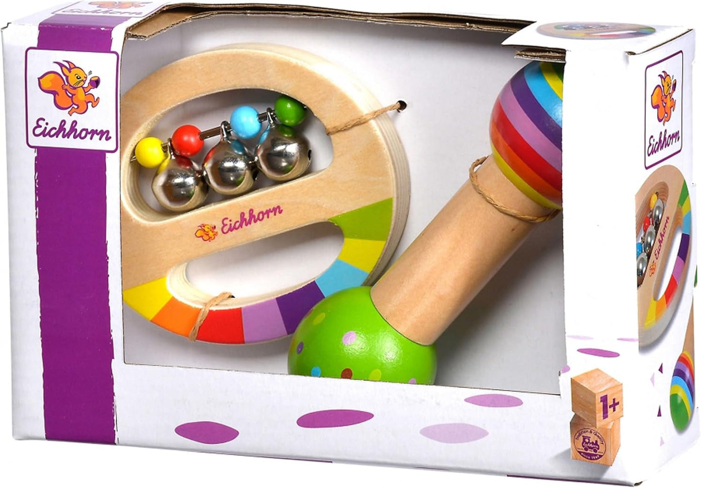 Eichhorn - Set musical de 2 piezas, incluye juguete con cascabeles y baqueta sonora, instrumentos musicales de madera de colores, a partir de 1 año Juguetes para bebés Naty Shop