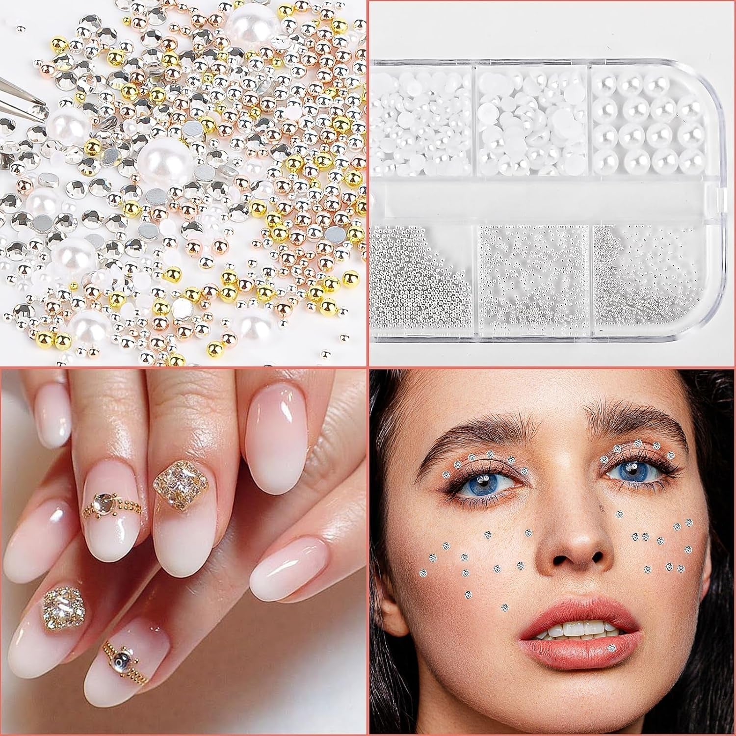2 Boxen Nail Art Strasssteine, Mit Tweezers Nägel Flatback Perlen Nail Charms Mit Kristallen Nagelzubehör Diamanten Edelstahl-Perlen Für Nagelschmuck