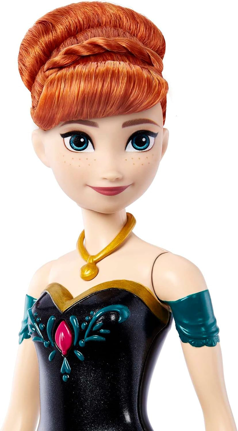 Mattel Disney Frozen Muñeca Anna cantante - Fragmento de canción de 30 segundos, traje clásico de castillo, falda suave desmontable, cabello peinable, para niños a partir de 3 años, versión alemana, HMG41