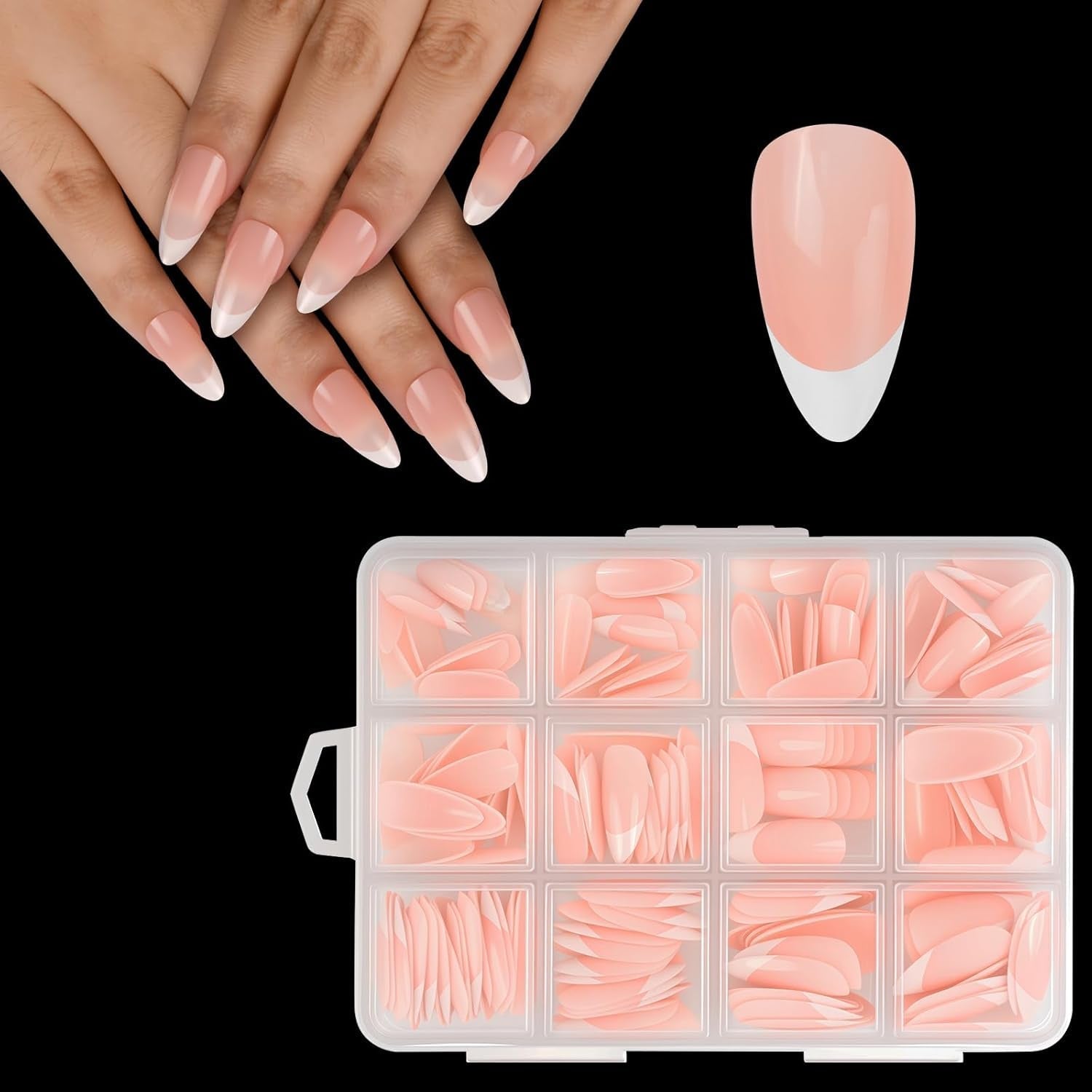 Juego de 240 puntas de uñas postizas, prensa francesa en uñas postizas, prensa en uñas francesas, 12 tamaños, uñas postizas con pegamento para mujeres y hombres (blanco desnudo, almendra mediana)