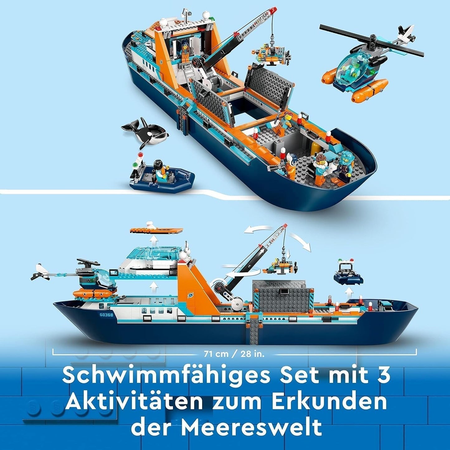 LEGO City Barco de investigación ártico, gran barco flotante de juguete con helicóptero, barco inflable, submarino Rov, naufragio vikingo, 7 minifiguras y figura de orca, regalo para niños a partir de 7 años 60368 Juegos de construcción Besuche den LEGO-Store