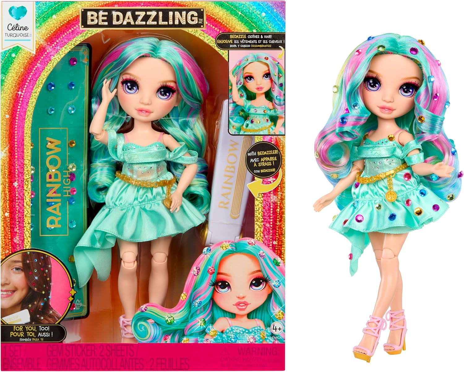 Muñeca Rainbow High Be Dazzling Fashion - Celine Turquesa - Azul-Verde, 28 cm, con herramienta de decoración, gemas brillantes y accesorios de peinado
