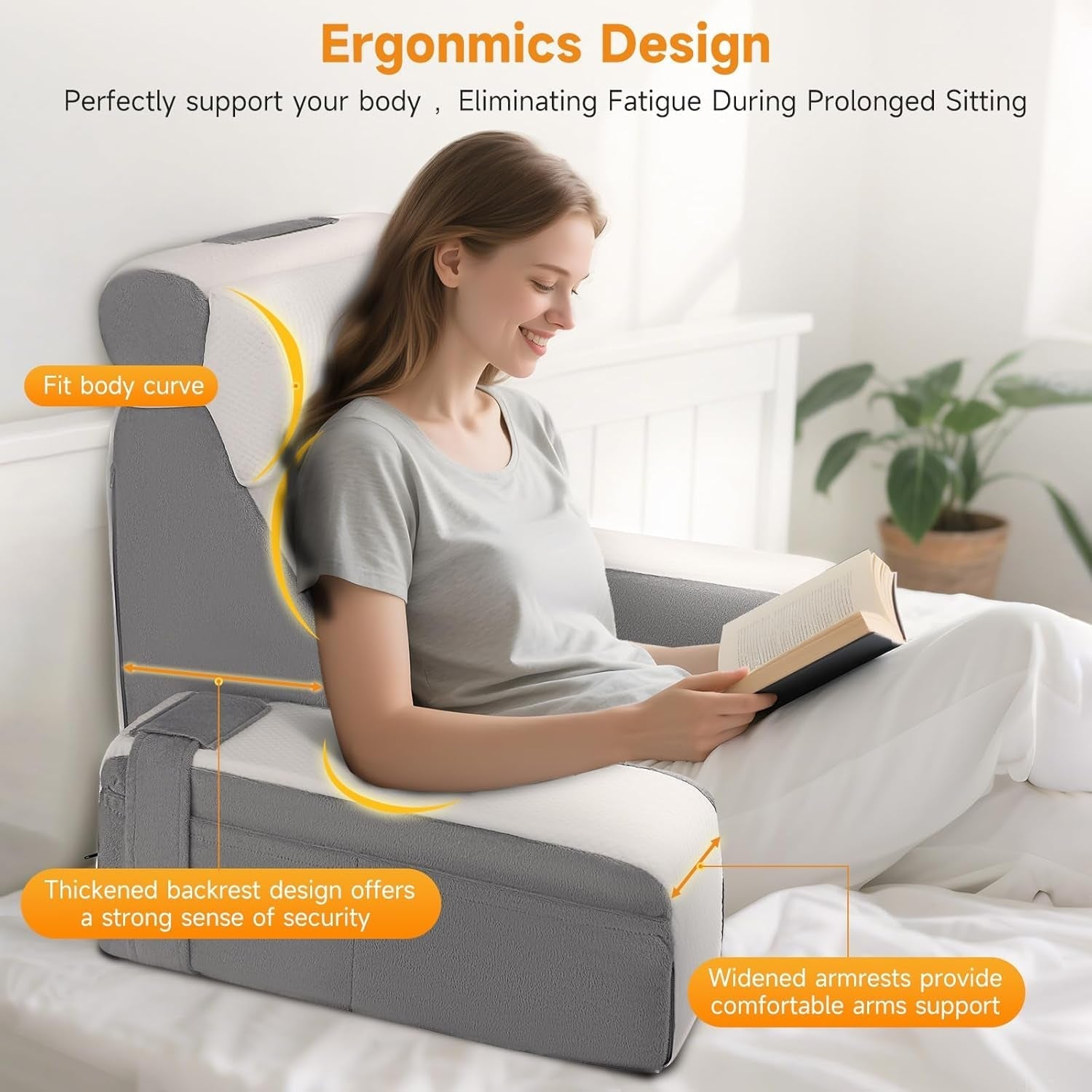 Almohada de lectura grande con soporte para el cuello y reposabrazos extraíbles, almohada de respaldo para cama, almohada de respaldo ergonómica con brazo, bolsillo y funda lavable para leer y ver televisión.