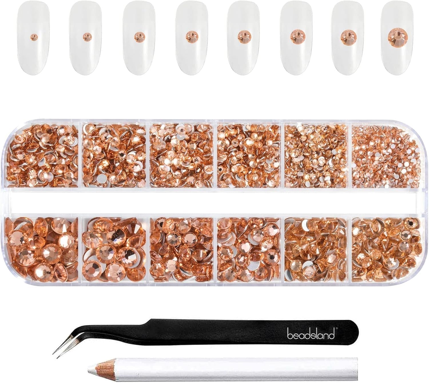 Beadsland 2500 piezas de piedras de cristal para decoración de uñas con parte trasera plana, piedras preciosas para trabajos manuales de 8 tamaños SS4 ~ SS30 con pinzas y puntas (Kristall Weiss)