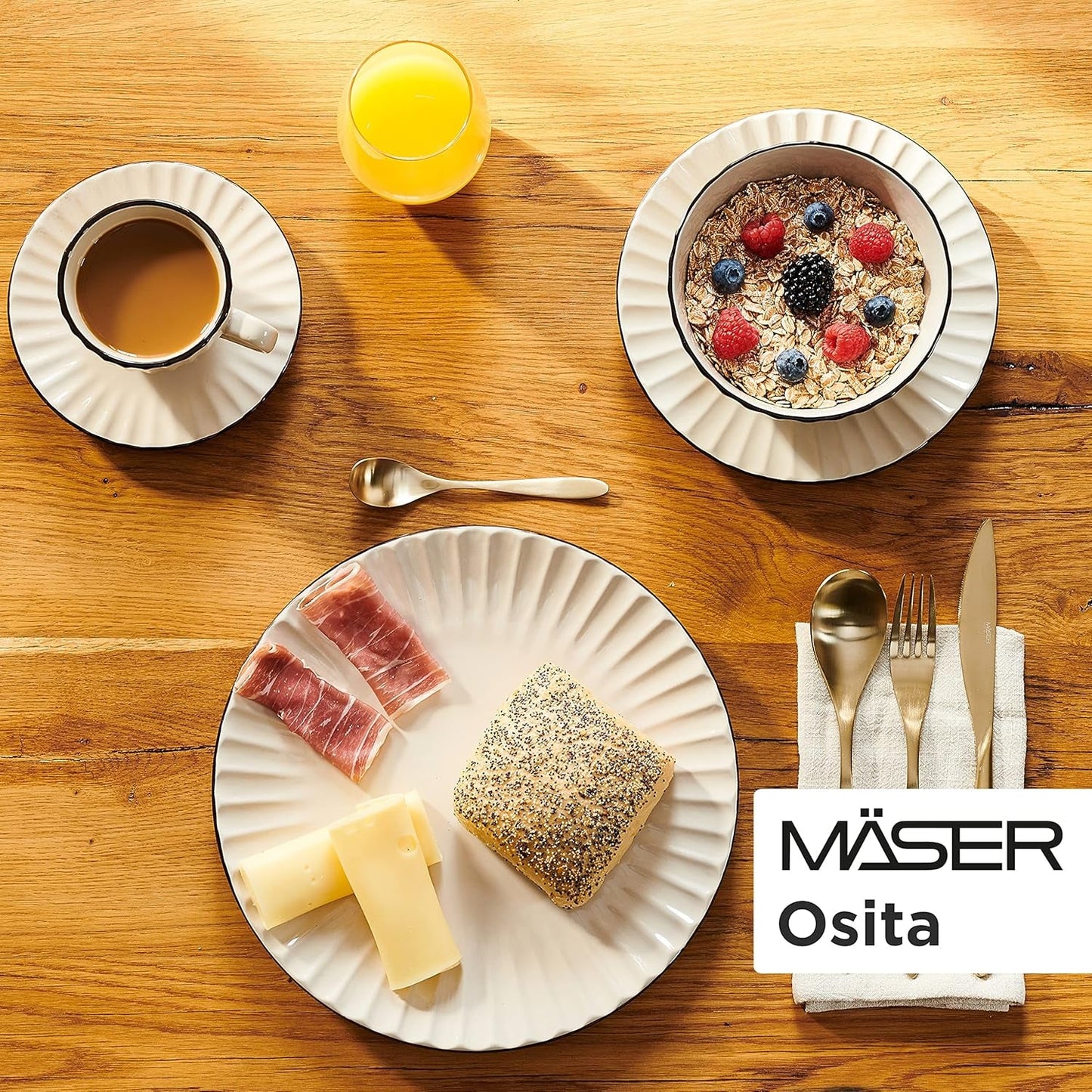 MÄSER 931967 Osita Retro Series Juego de vajilla Wave para 6 personas, vajilla redonda de 18 piezas, platos llanos, platos de postre y cuencos de cereales, cerámica, blanco crema