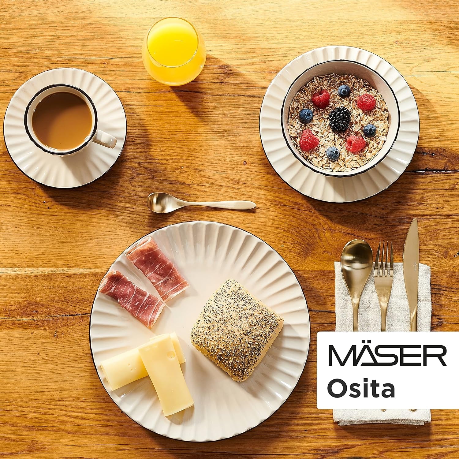 MÄSER 931967 Osita Retro Series Juego de vajilla Wave para 6 personas, vajilla redonda de 18 piezas, platos llanos, platos de postre y cuencos de cereales, cerámica, blanco crema
