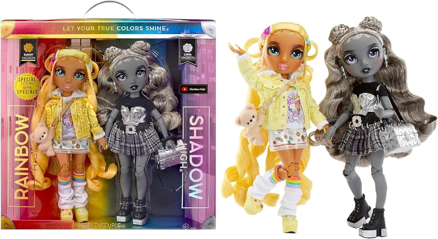 Edición especial Rainbow High Shadow High - Madison Twins Sunny y Luna - 2 muñecas de moda en trajes de diseñador amarillo y gris, mezcla y combina con accesorios - Para coleccionistas y niños de 4 a 12 años