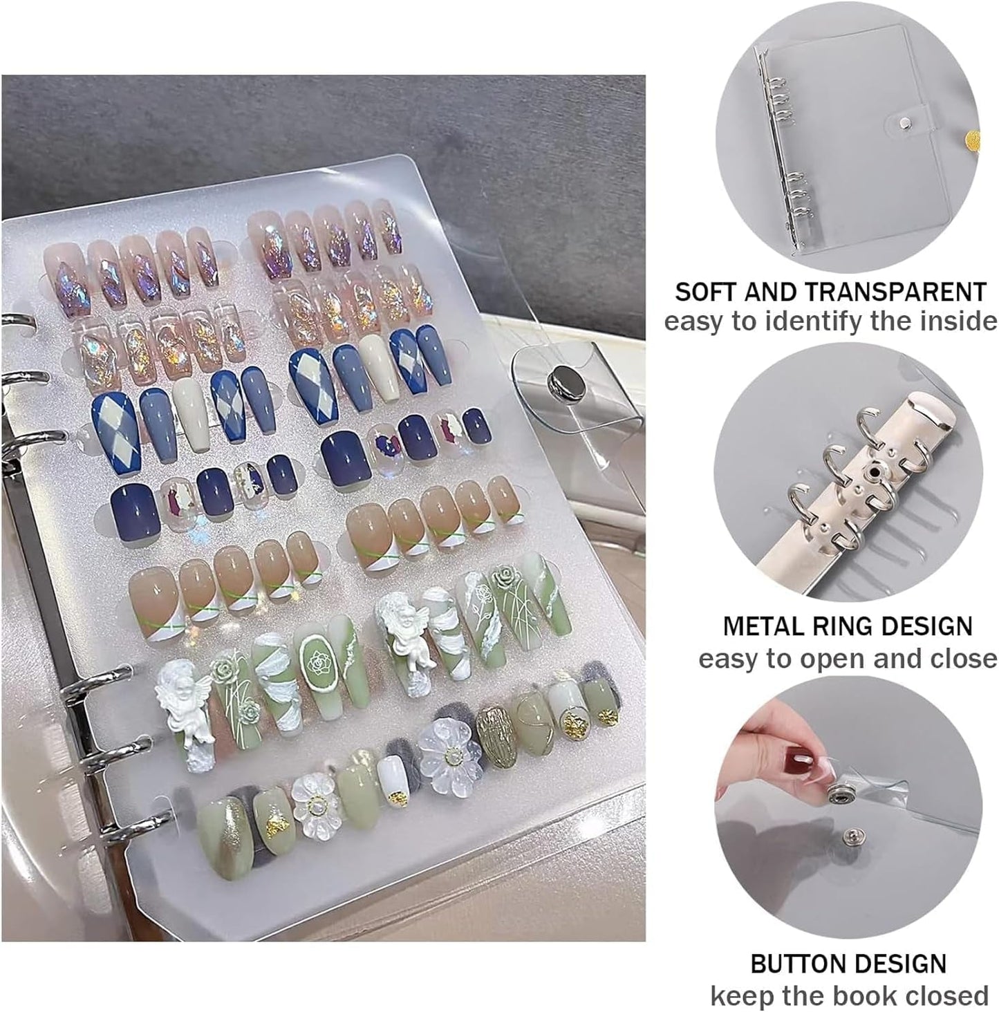 Juego de organizador de uñas A5 con cierre de grapas y hojas extraíbles - Caja transparente resistente + 6 almohadillas adhesivas y libro de almacenamiento de uñas artificiales/adhesivo desmontable - Ideal para almacenamiento, presentación