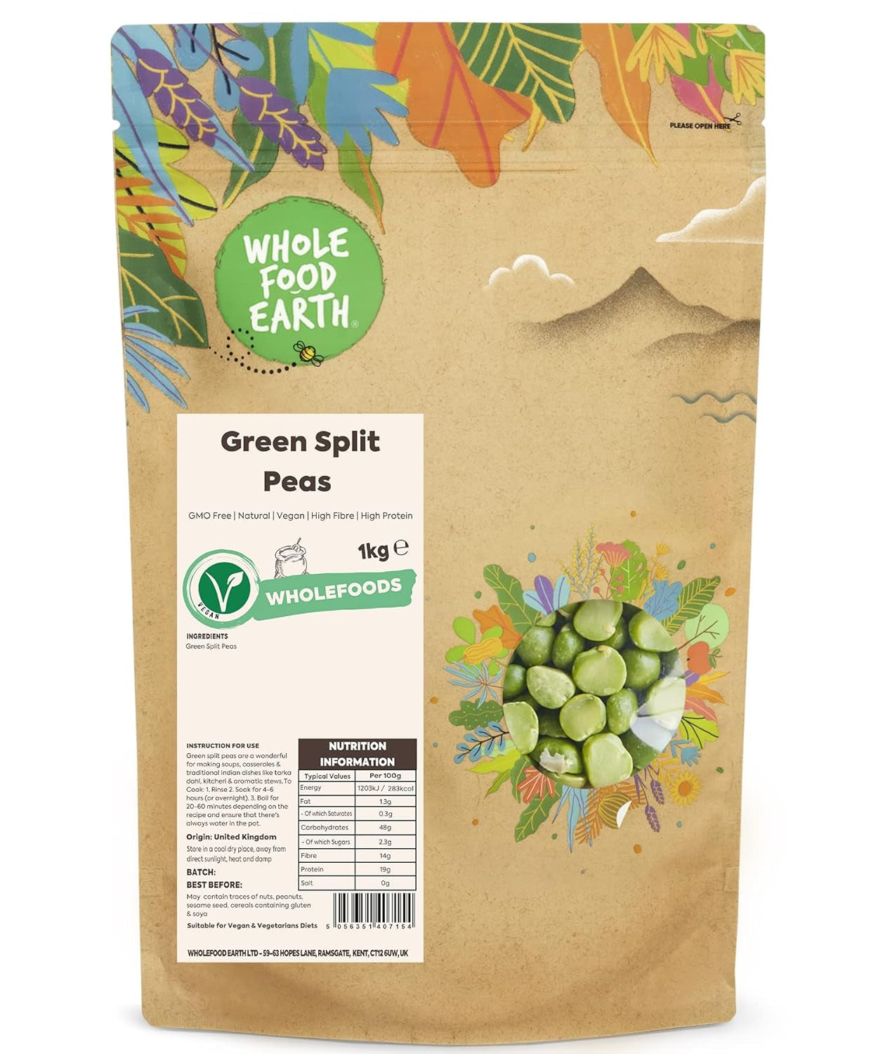 Guisantes verdes partidos orgánicos de Wholefood Earth – 1 kg