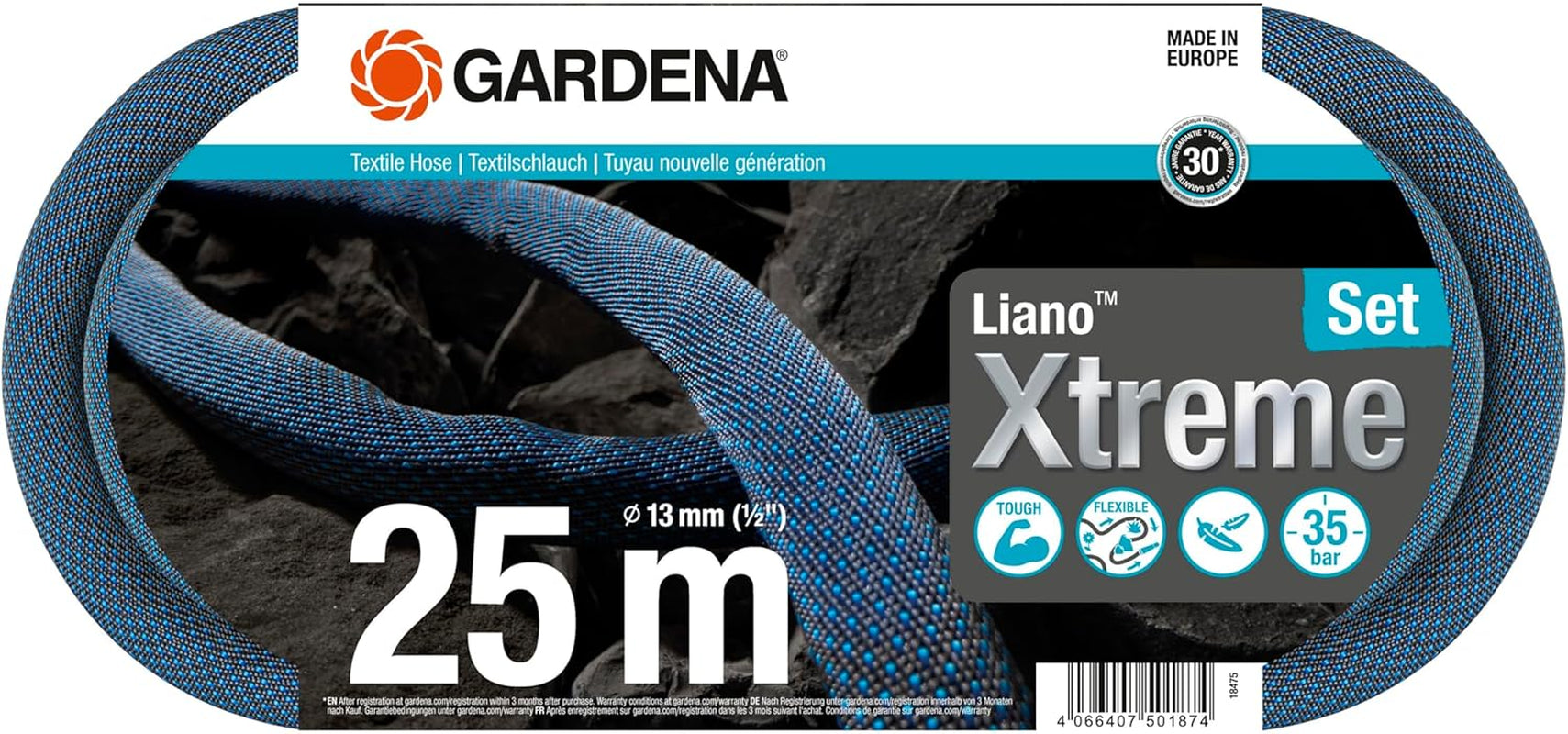 Juego Gardena Liano Xtreme de 1/2 pulgada y 25 m: Manguera de jardín textil extremadamente robusta con manguera interior de PVC ligera y resistente a la intemperie (18475-20)