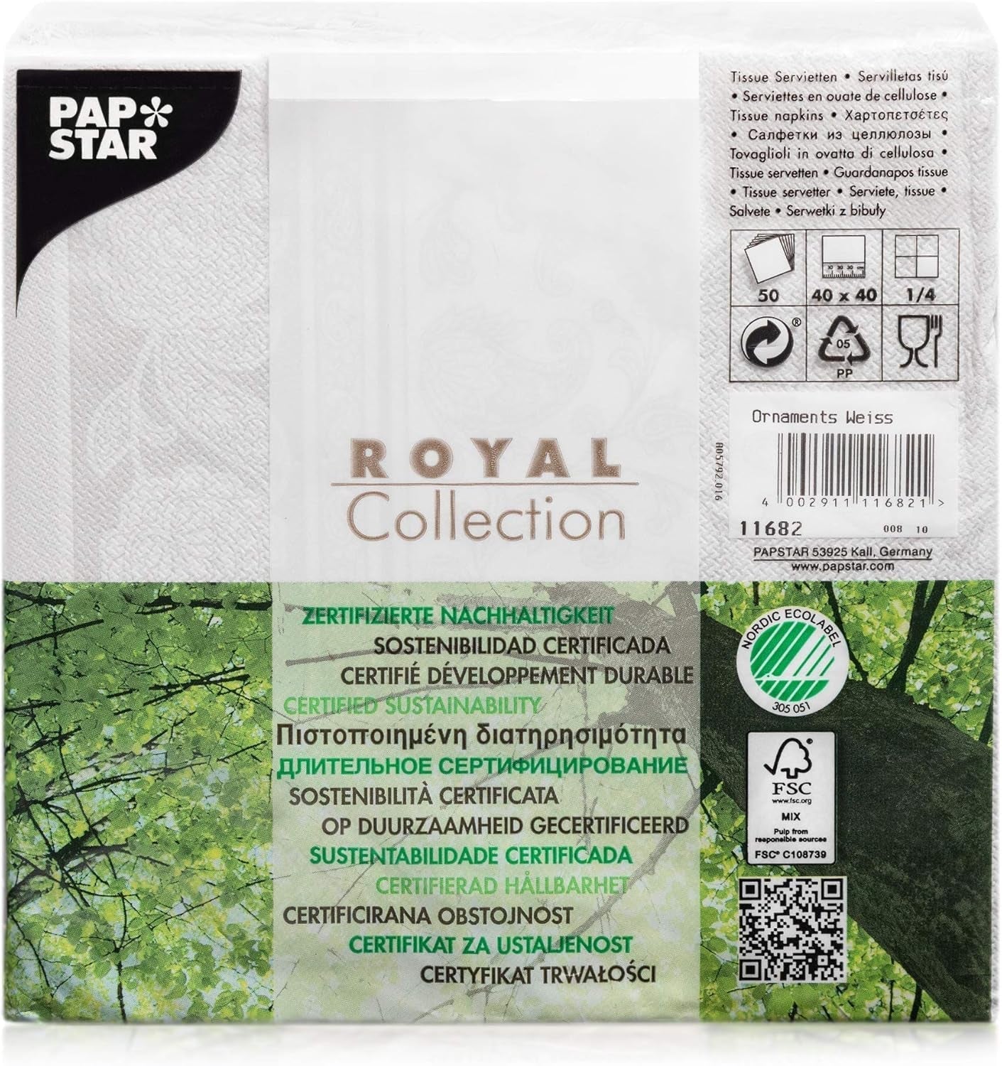 Papstar 11682 50 servilletas "Royal Collection" pliegue 1/4 40 X 40 cm "Adornos", blanco