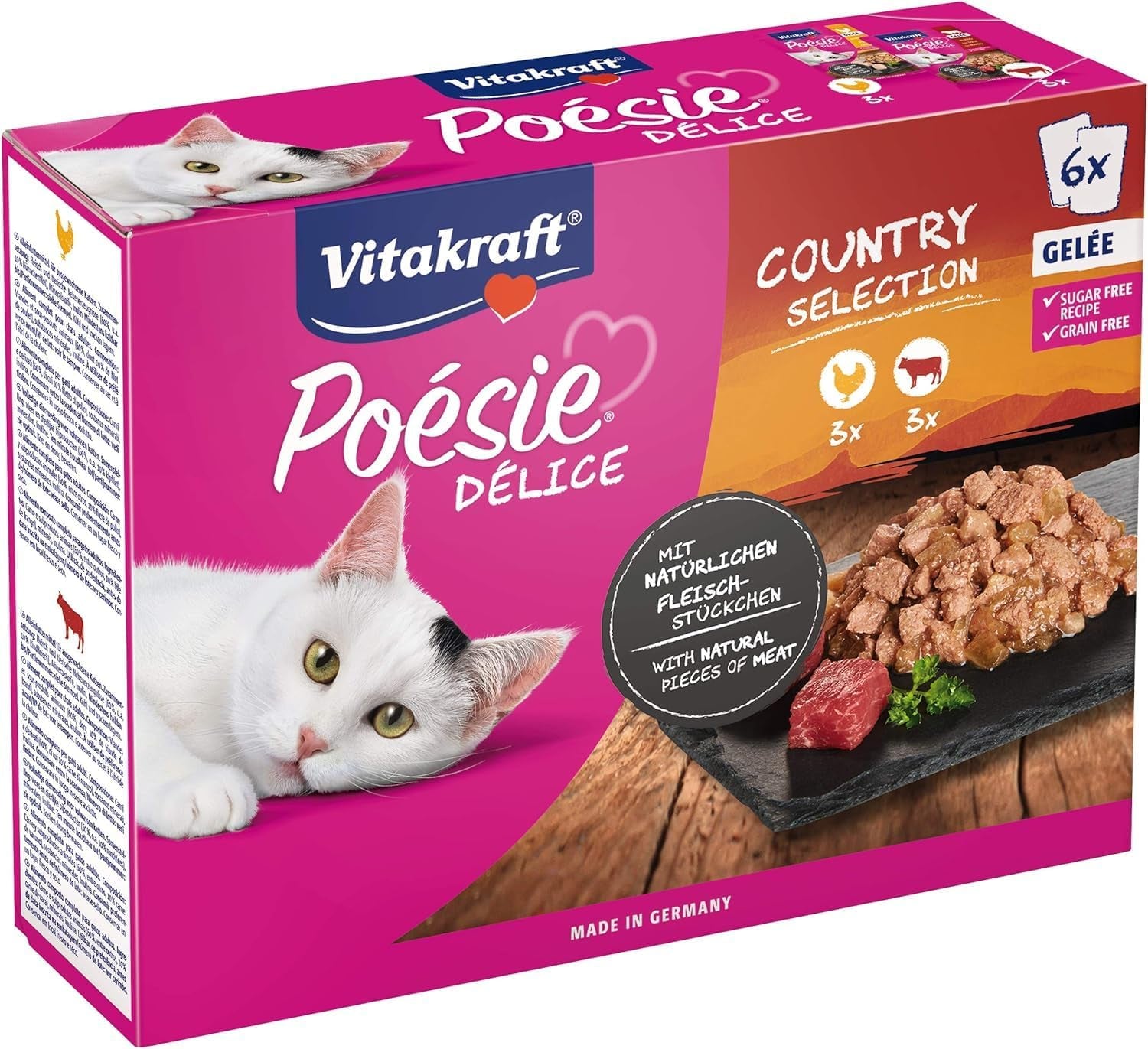 Vitakraft Poésie Délice, Country Selection, Nassfutter Katze, Katzennassfutter Gelée, con pollo, con ternera (1 paquete con 6x 85 g)