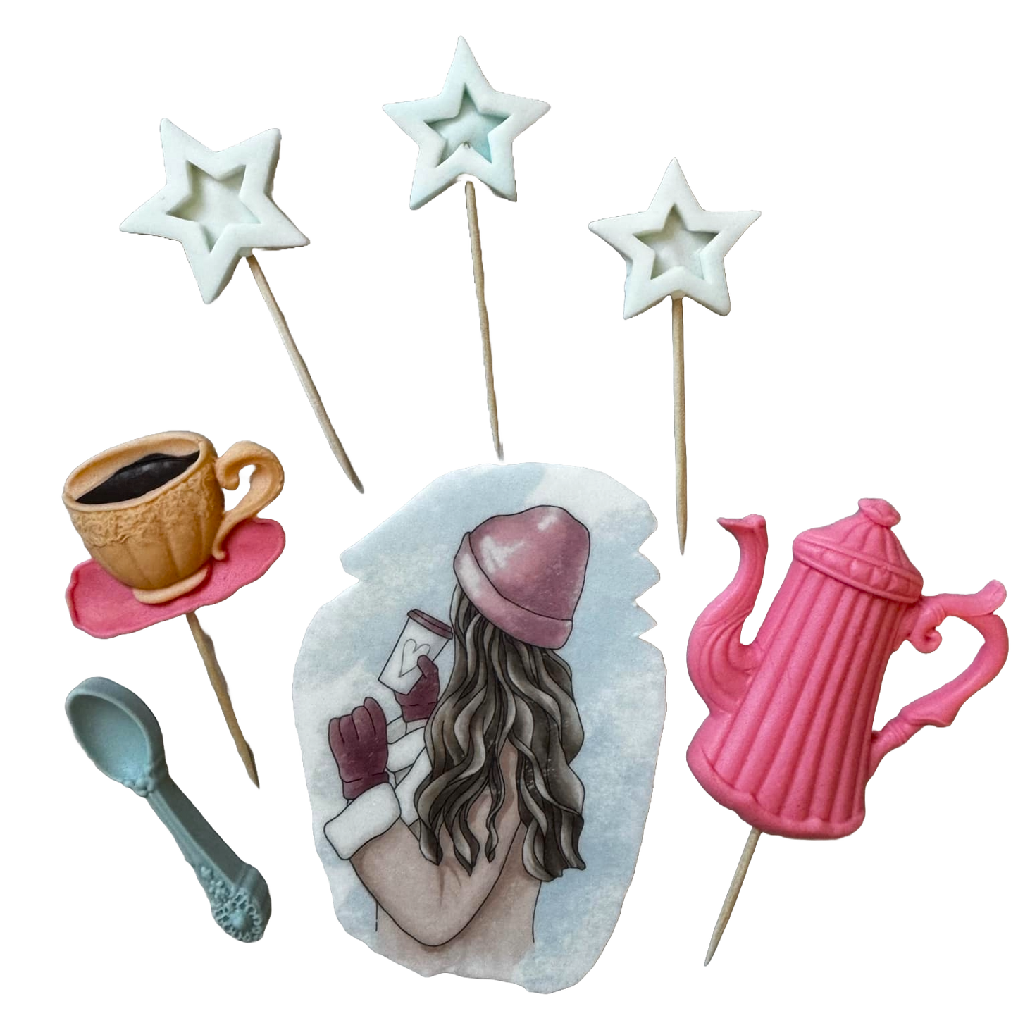 Set de 7 adornos de pasta de azúcar comestible, Bella Dama, sombrero rosa Decoraciones de pasta de azúcar Naty Shop
