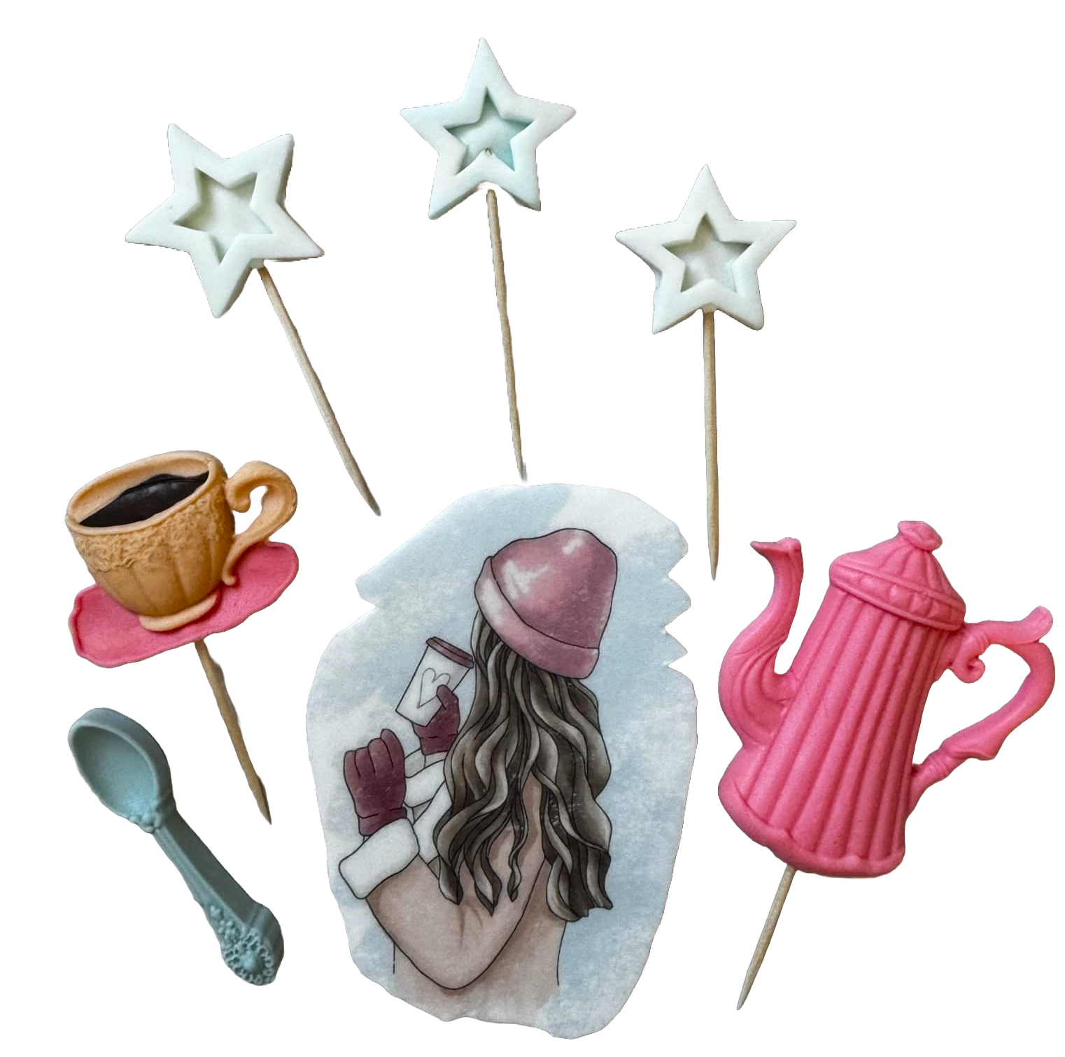Set de 7 adornos de pasta de azúcar comestible, Bella Dama, sombrero rosa Decoraciones de pasta de azúcar Naty Shop