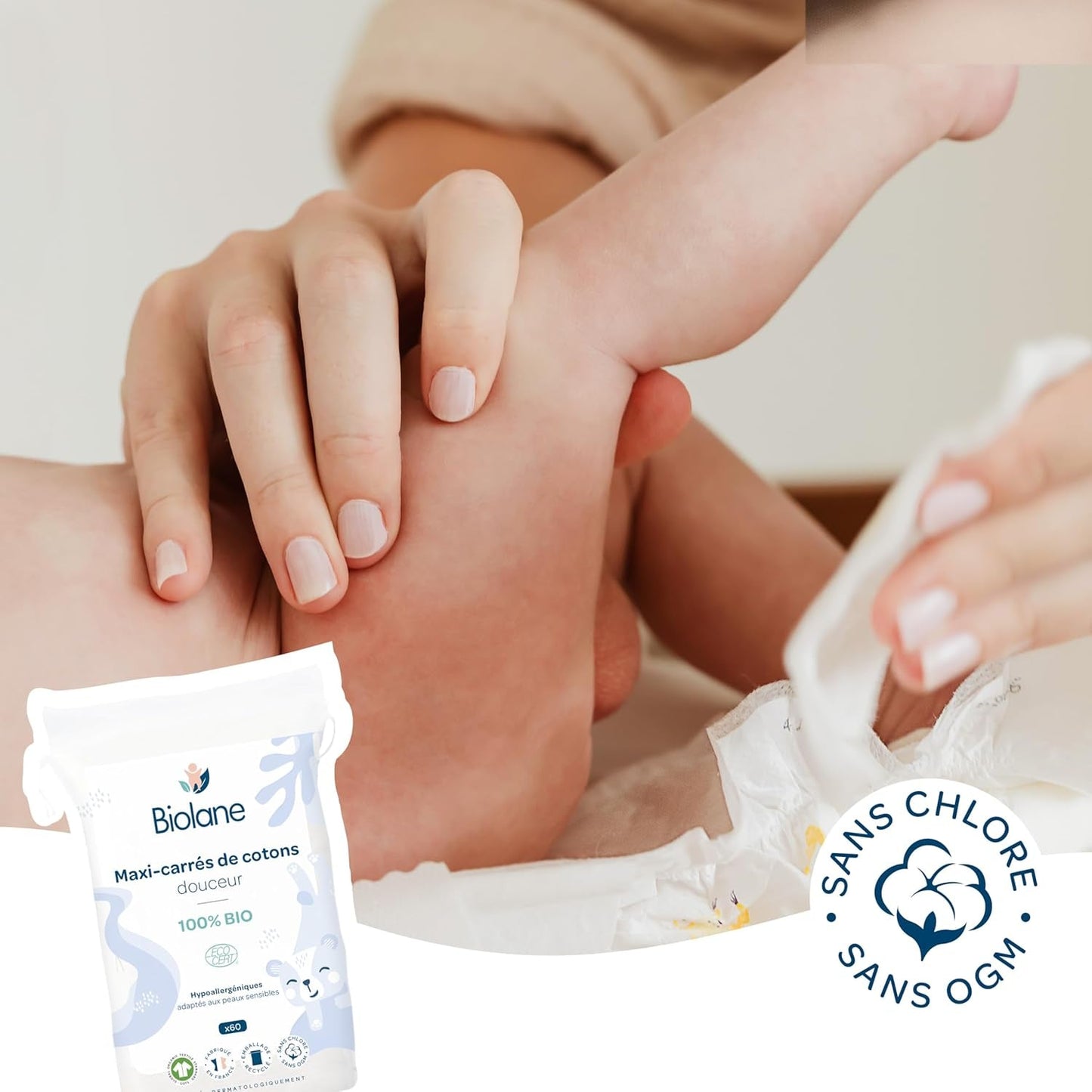 BIOLANE 12 Compresas Maxi-Cuadradas Húmedas - Bebés - 100% Orgánico - 720 Algodón - para pieles sensibles - Cambiador y Aseo - desde el nacimiento - fabricadas en Francia