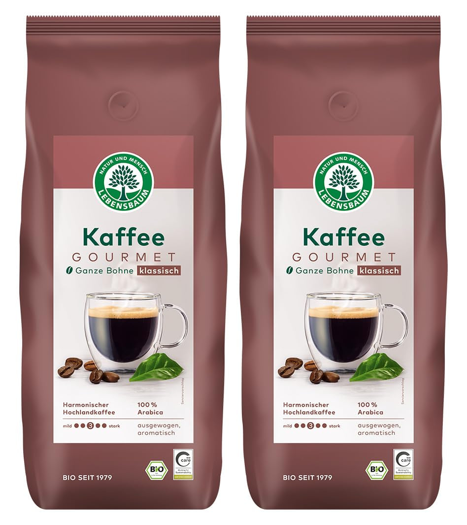 LEBENSBAUM 2x Kaffee Gourmet Klassisch, ganze Bohne, Bio Kaffee aus Arábica-Bohnen, Intensität 3/5, ausgefunger, aromatischer Genuss, 2 x 1 kg...