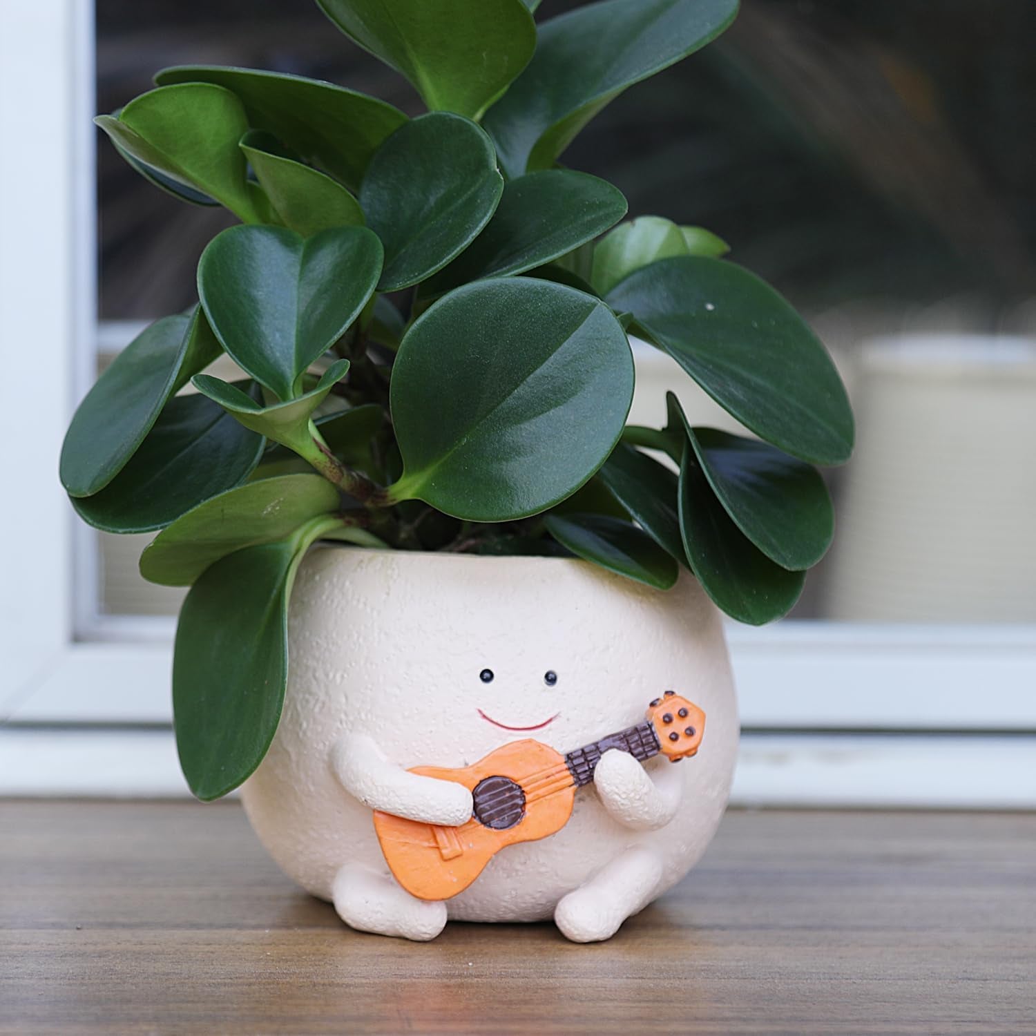 Macetas con cara sonriente, collar de perlas con cabeza de resina bonita, maceta para flores, guitarra única, maceta suculenta para interiores y exteriores, idea de regalo para mamá