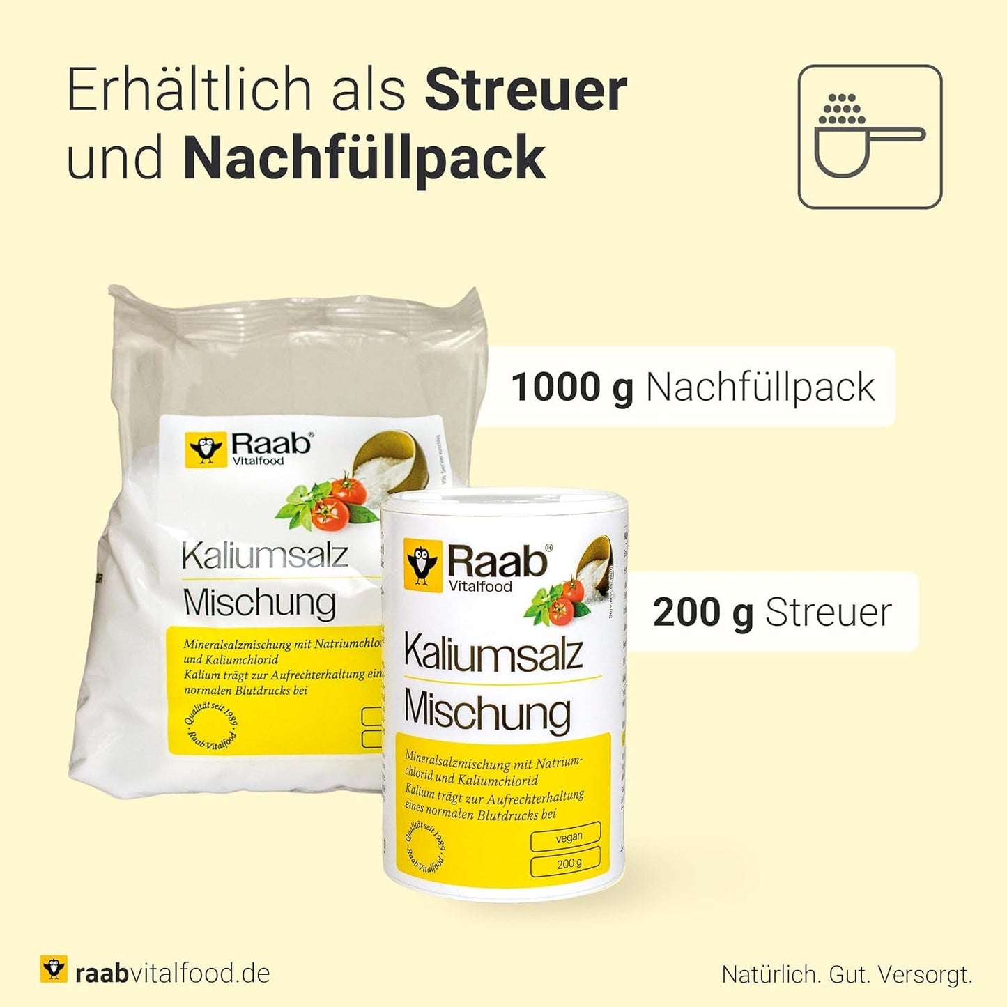 Raab Vitalfood Kalium salt-Mischung, Mineralsalzmischung mit 66,7% Natriumchlorid (Kochsalz) und 33% Kaliumchlorid, Kalium trägt zur Aufrechterhaltung eines normalen Blutdruck bei (1 dosis de 200 g)