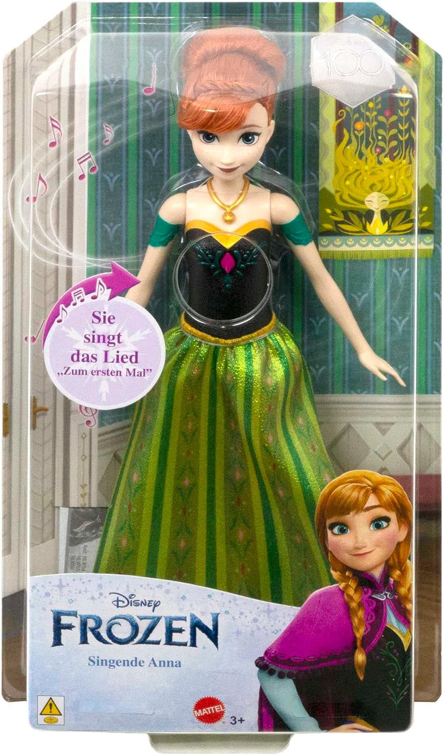 Mattel Disney Frozen Muñeca Anna cantante - Fragmento de canción de 30 segundos, traje clásico de castillo, falda suave desmontable, cabello peinable, para niños a partir de 3 años, versión alemana, HMG41