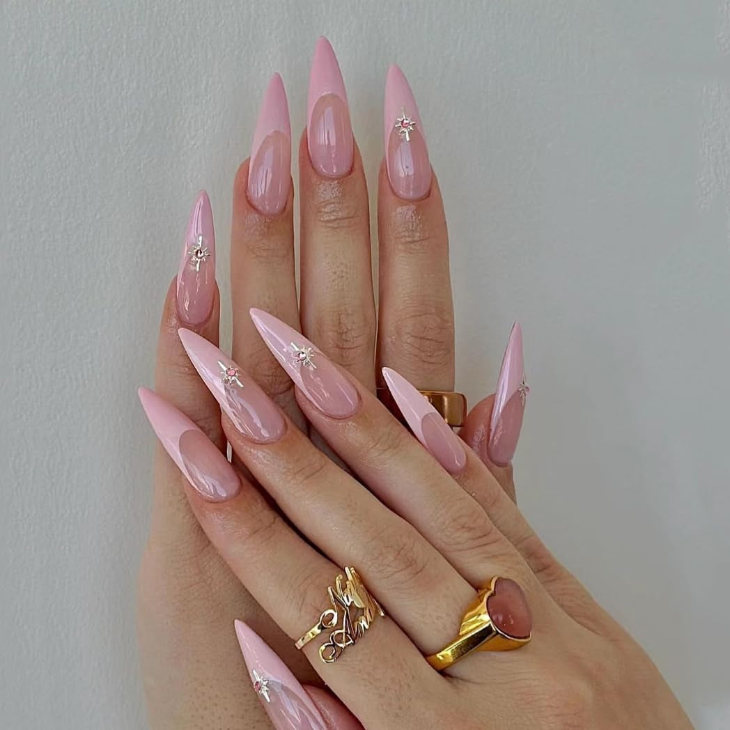 Mouyouglow-uñas largas Stiletto, color blanco lechoso, degradado, purpurina rosa, uñas postizas frescas con pegamento, uñas artificiales con purpurina rosa ombré