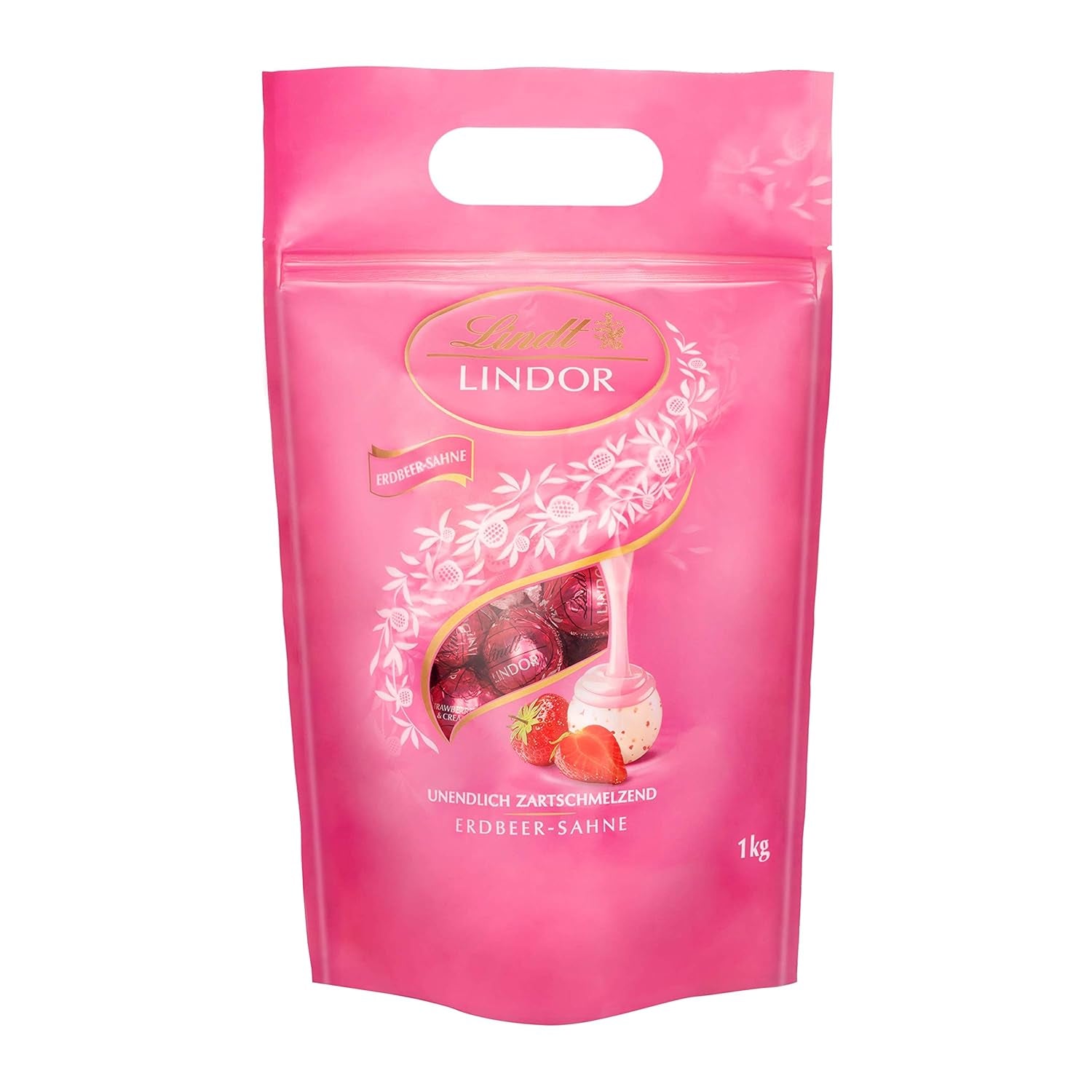 Bolas de chocolate extra oscuro Lindt LINDOR y bolas de chocolate con crema de fresa LINDOR | Bolsa resellable de 1 kg | aprox. 80 bolitas de chocolate blanco con crema de fresa