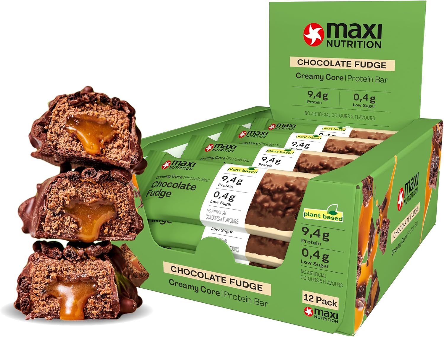 MaxiNutrition Barrita proteica vegana cremosa con chocolate, cacahuetes y caramelo 12x45g - barrita proteica vegana, 18% de proteína, 8,3 g por barrita, bajo contenido en azúcar (0,9 g), sin azúcar añadido, sin aromas artificiales