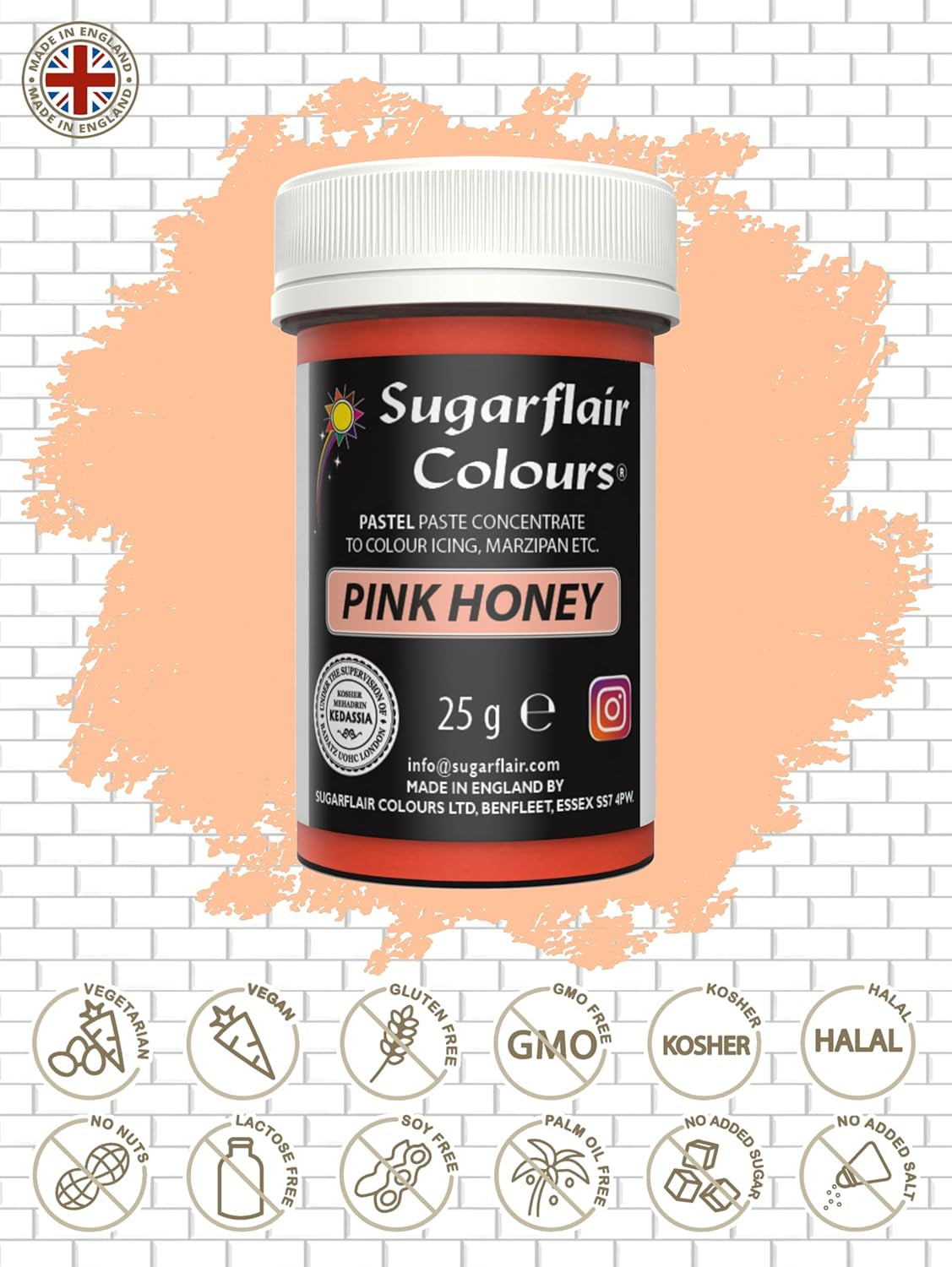 Pasta colorante alimentaria Sugarflair Pastel Pink Honey - Altamente concentrada para usar con crema de mantequilla, pasta de azúcar, glaseado real o mezclas para pasteles, colorante alimentario vibrante - 25 g
