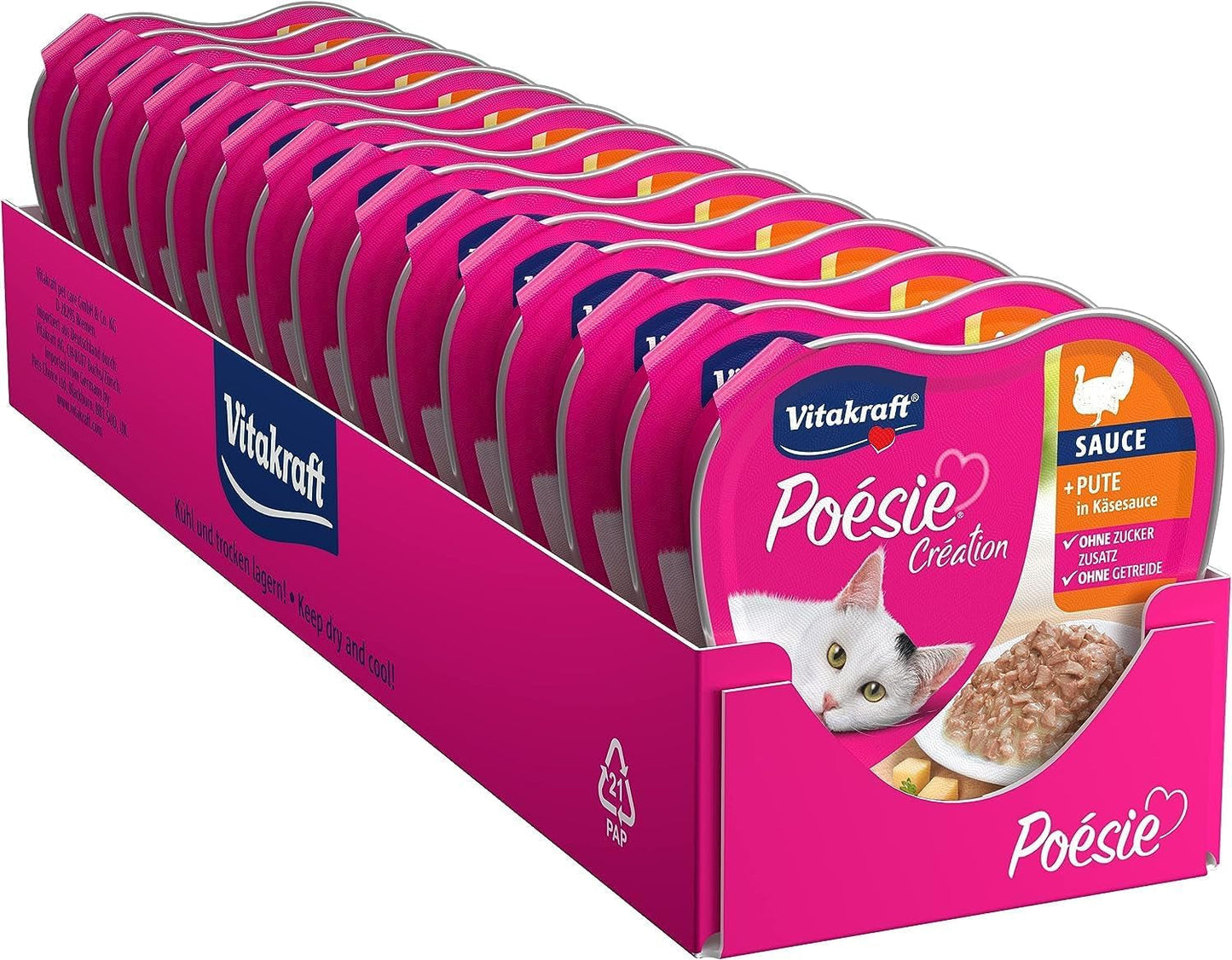 Vitakraft Poésie Création, comida húmeda para gatos, comida húmeda para gatos en salsa, con pavo en salsa de queso, multipack, sin azúcares ni cereales añadidos (15 x 85g)