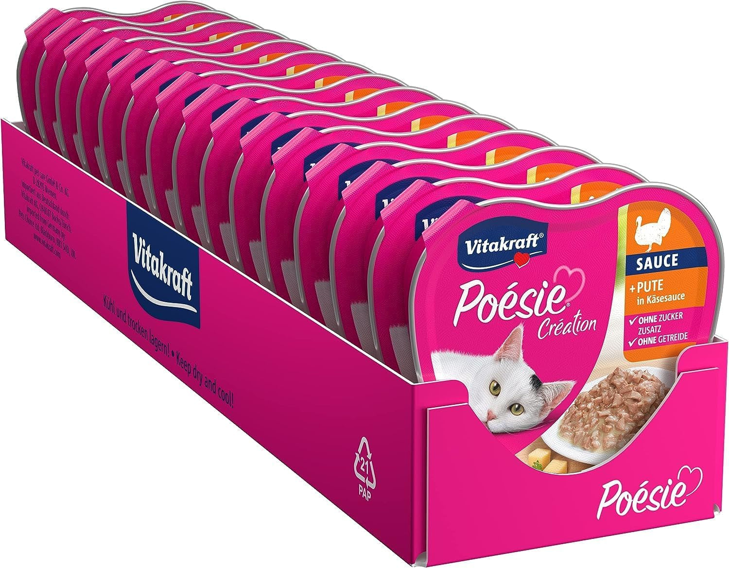 Vitakraft Poésie Création, comida húmeda para gatos, comida húmeda para gatos en salsa, con pavo en salsa de queso, multipack, sin azúcares ni cereales añadidos (15 x 85g)