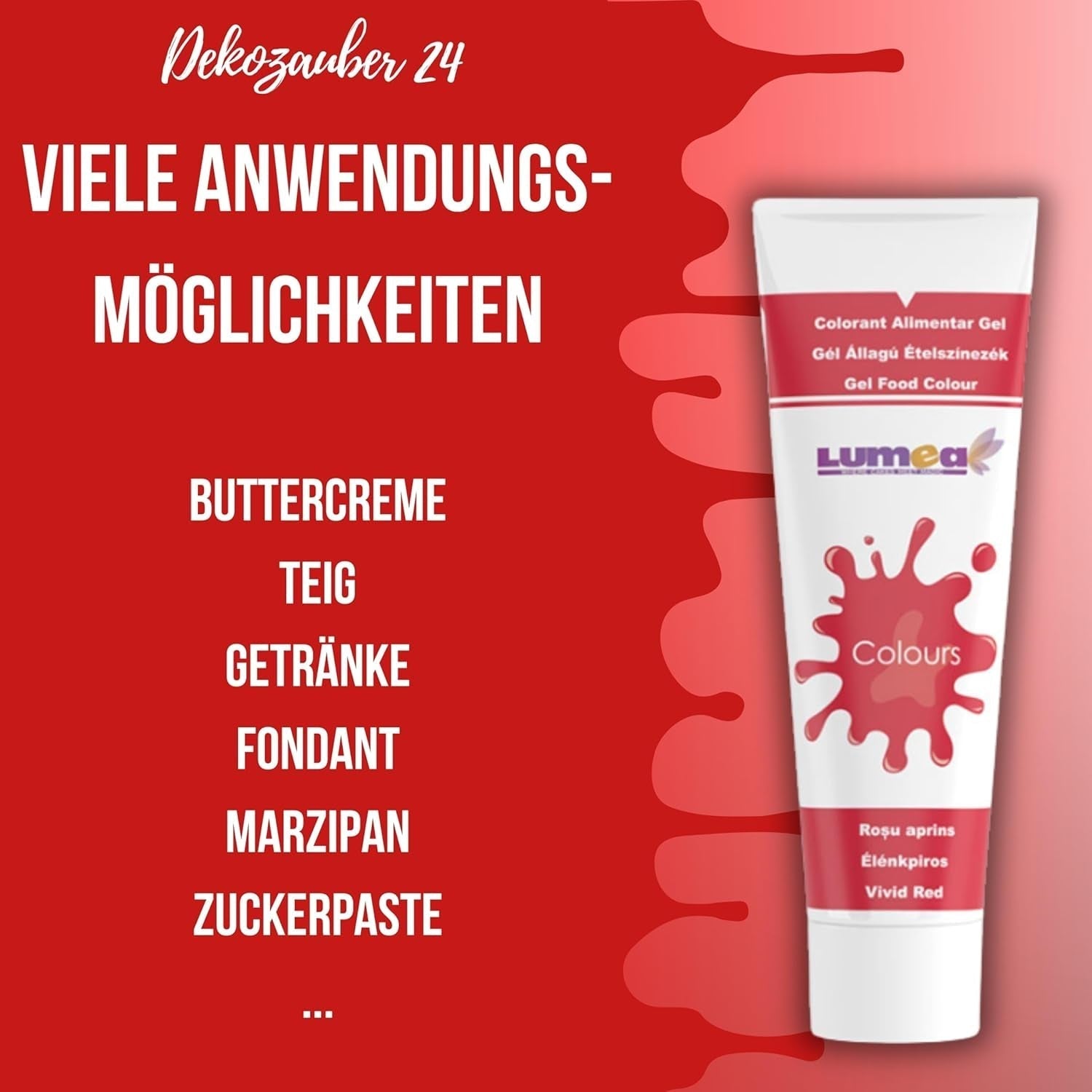 Dekozauber 24 Colorante alimentario rojo, gel, 30 g, vegano, sin azúcar, altamente concentrado, colorante alimentario rojo para fondant, crema de mantequilla, bebidas y más