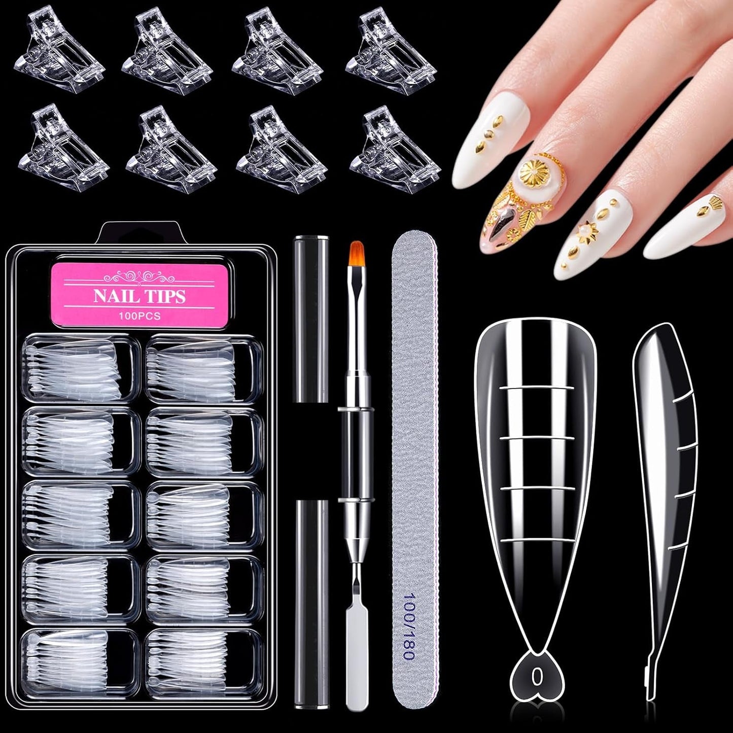 Juego de formas de uñas de 120 piezas, extensiones de uñas, formas de uñas de gel, juego de formas de uñas con cepillo de doble cabeza y lima de uñas con clips, para uñas de gel