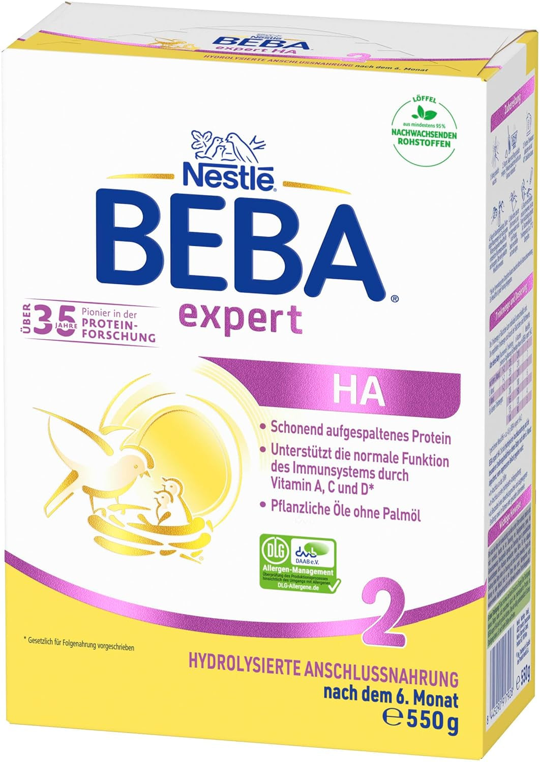 BEBA Expert HA 2 Leche de continuación a partir de los 6 meses, papilla con proteínas hidrolizadas, solo lactosa, sin aceite de palma, pack de 6 (6 x 550 g) Naty Shop