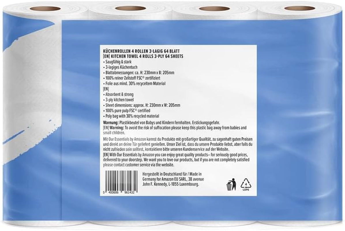 By Amazon Rollo de cocina, 3 capas, 16 rollos (4 rollos, paquete de 4), 64 hojas por rollo, certificado Fsc