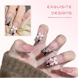 24 uñas postizas 3D con purpurina cuadrada rosa y diamantes de imitación de longitud media para mujeres y niñas