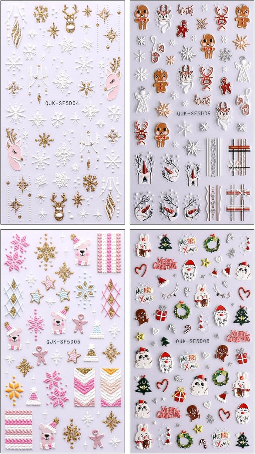 Pegatinas navideñas 3D para uñas, 4 hojas, pegatinas 5D para uñas, pegatinas estereoscópicas para uñas, decoraciones, accesorios de diseño de uñas