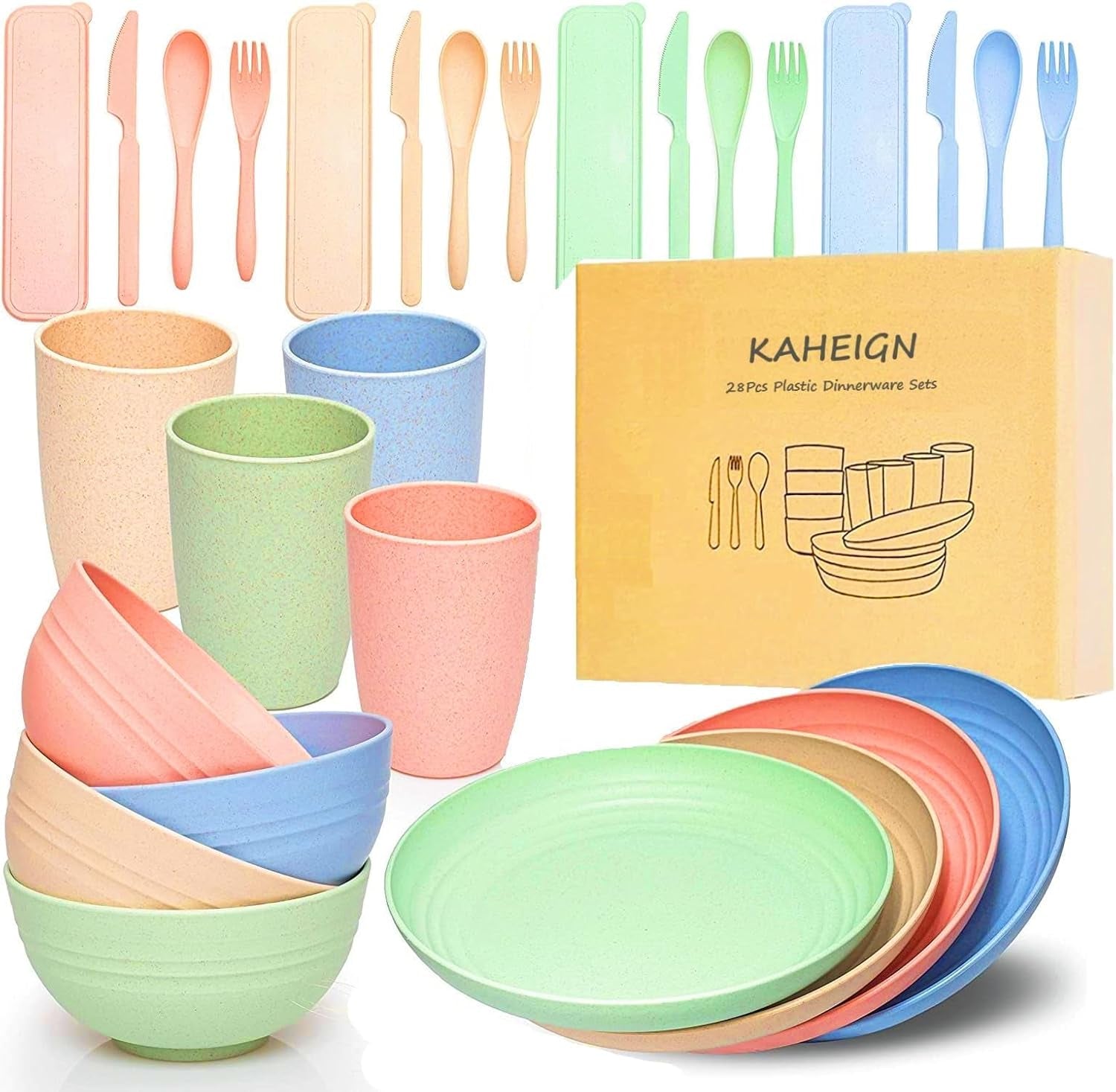 Juego de cubiertos de plástico para camping para 4 personas, reutilizables, indestructibles, platos, tazas, tazones y cubiertos, ligeros, ecológicos, reutilizables, aptos para microondas y lavavajillas