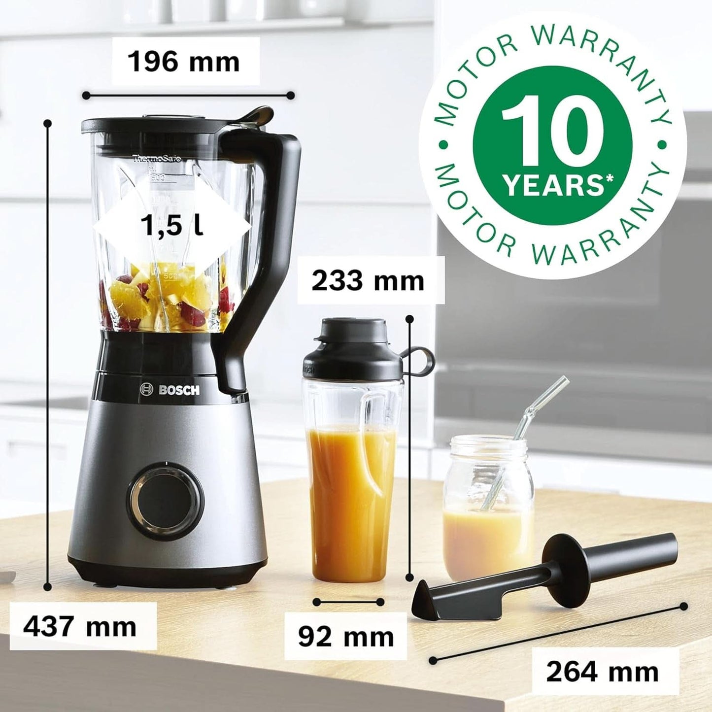 Bosch Batidora de pie Vitapower Serie 4 MMB6174SN, Verbesserte Version, Hochwertige Edelstahl-Klingen, 1.5L Glassbehälter, 0.6L To-Go-Flasche, Spülmaschinenfeste Teile, 30.000 U/Min, 1200 W, Silver Kitchen Naty Shop