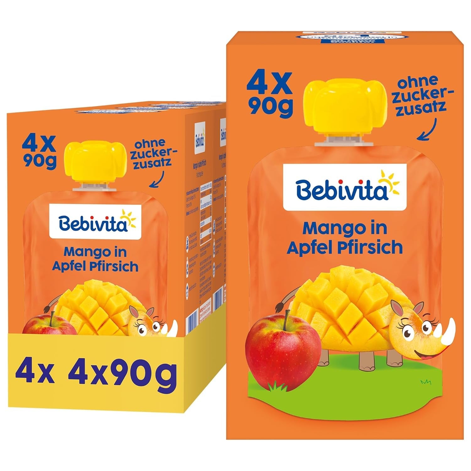 Bolsas exprimibles de mango, manzana y melocotón, paquete de 16 (paquete de 4, 4 x 90 g cada una), sin azúcar añadido, sin gluten, ideal para refrigerios envasados ​​y para llevar