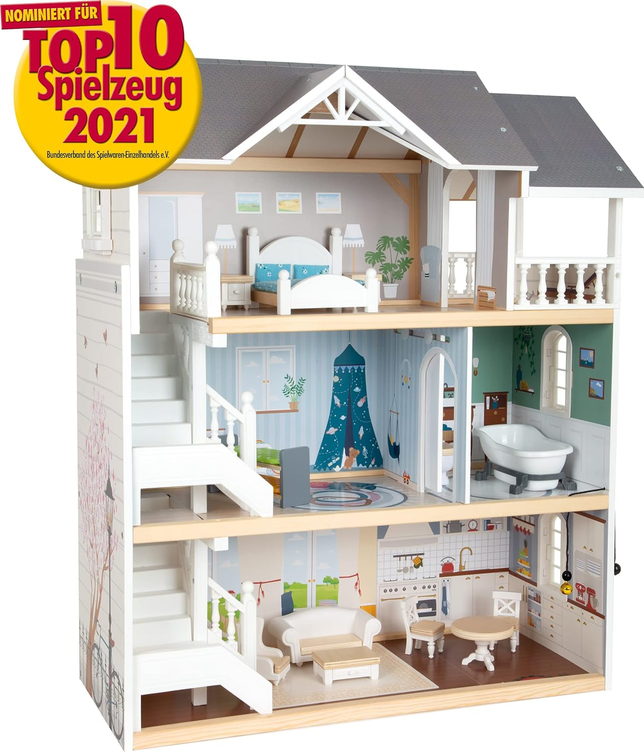Small Foot Casa de muñecas de madera de 3 pisos con frente abierto y 12 muebles para edades de 3 años en adelante 11802 Blanco Gris
