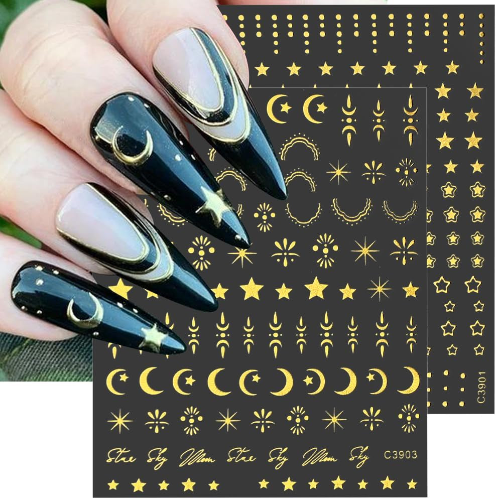 8 hojas de pegatinas doradas para uñas, luna y estrellas, alas de ángel, pegatinas para uñas doradas, estrellas, láminas para uñas, pegatinas autoadhesivas para uñas, accesorios de diseño de uñas, pegatinas para uñas