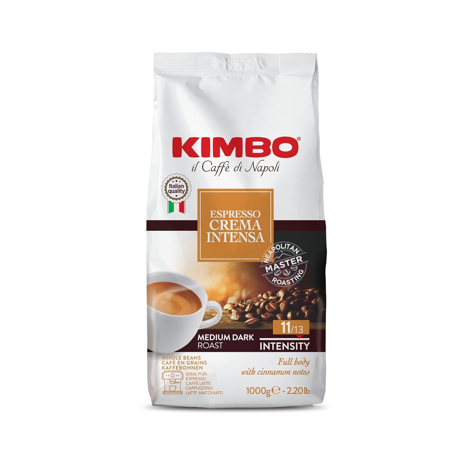 Espresso Crema Intesa, 6 granos de café x 1 kg, blend intenso y con mucho cuerpo, intensidad 11/13, tueste medio, 6 paquetes de 1 kg cada uno